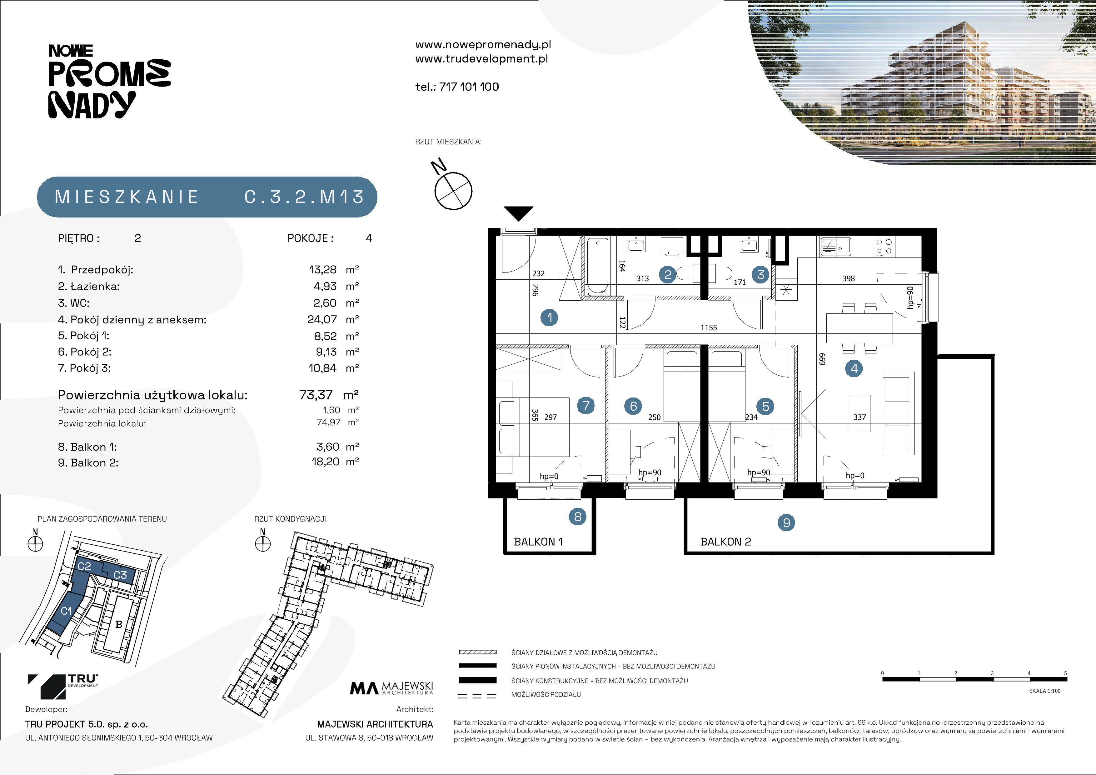 4 pokoje, mieszkanie 73,38 m², piętro 2, oferta nr C.3.2.M13, Nowe Promenady 2, Wrocław, Kleczków, Psie Pole, ul. Czesława Miłosza/Jana Czochralskiego