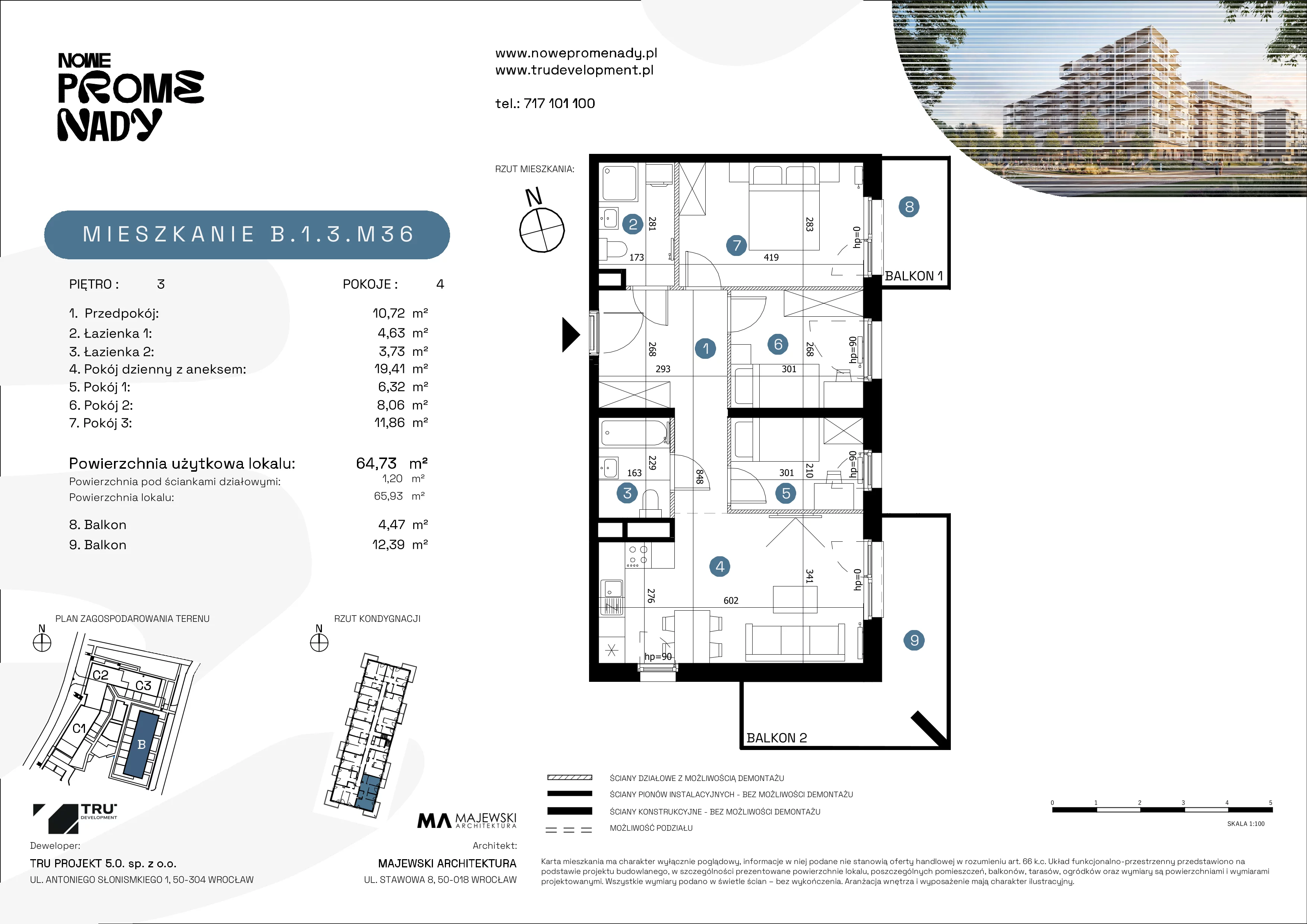 4 pokoje, mieszkanie 64,73 m², piętro 3, oferta nr B.1.3.M36, Nowe Promenady 2, Wrocław, Kleczków, Psie Pole, ul. Czesława Miłosza/Jana Czochralskiego