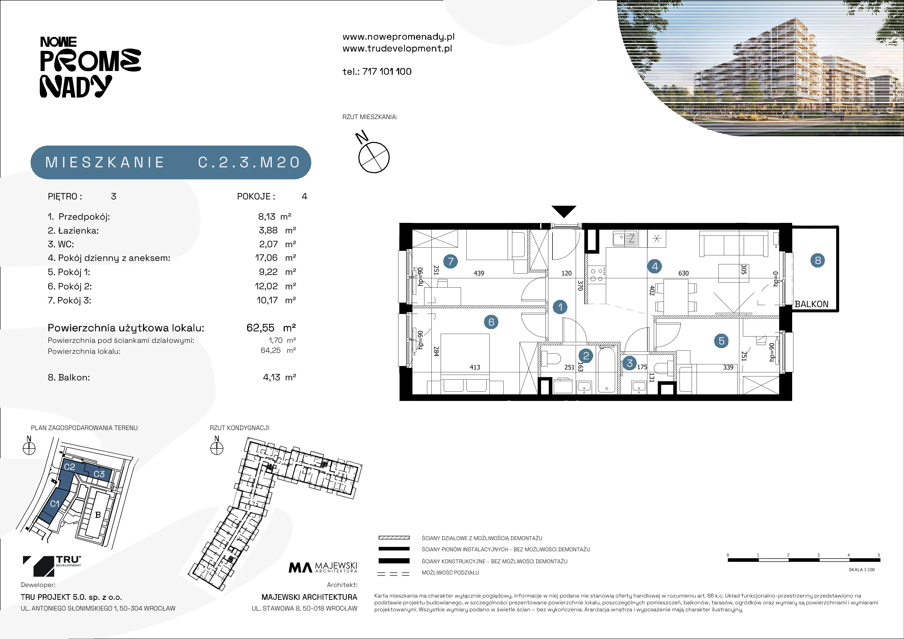 4 pokoje, mieszkanie 62,55 m², piętro 3, oferta nr C.2.3.M20, Nowe Promenady 2, Wrocław, Kleczków, Psie Pole, ul. Czesława Miłosza/Jana Czochralskiego