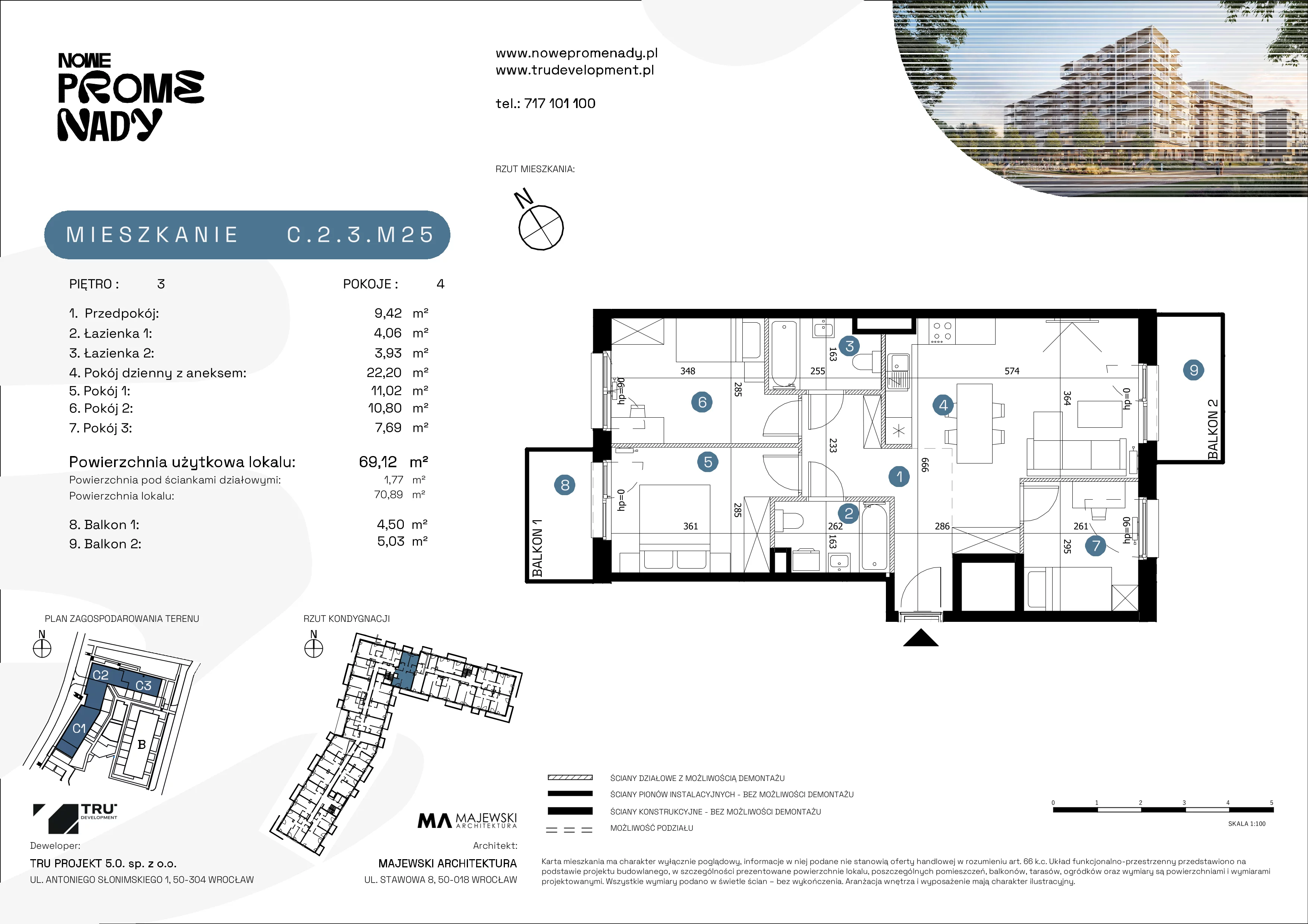 4 pokoje, mieszkanie 69,12 m², piętro 3, oferta nr C.2.3.M25, Nowe Promenady 2, Wrocław, Kleczków, Psie Pole, ul. Czesława Miłosza/Jana Czochralskiego