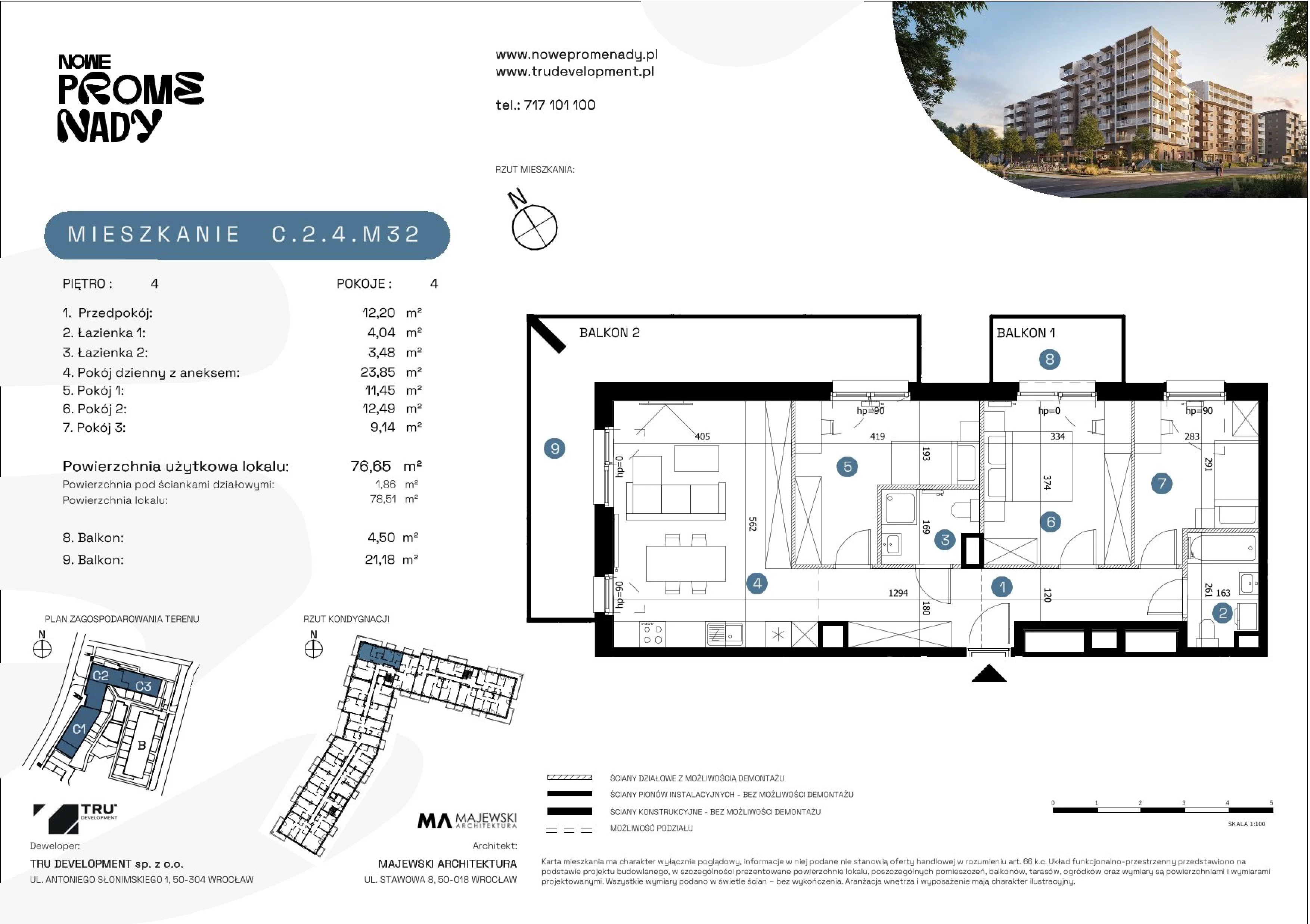 4 pokoje, mieszkanie 76,65 m², piętro 4, oferta nr C.2.4.M32, Nowe Promenady 2, Wrocław, Kleczków, Psie Pole, ul. Czesława Miłosza/Jana Czochralskiego