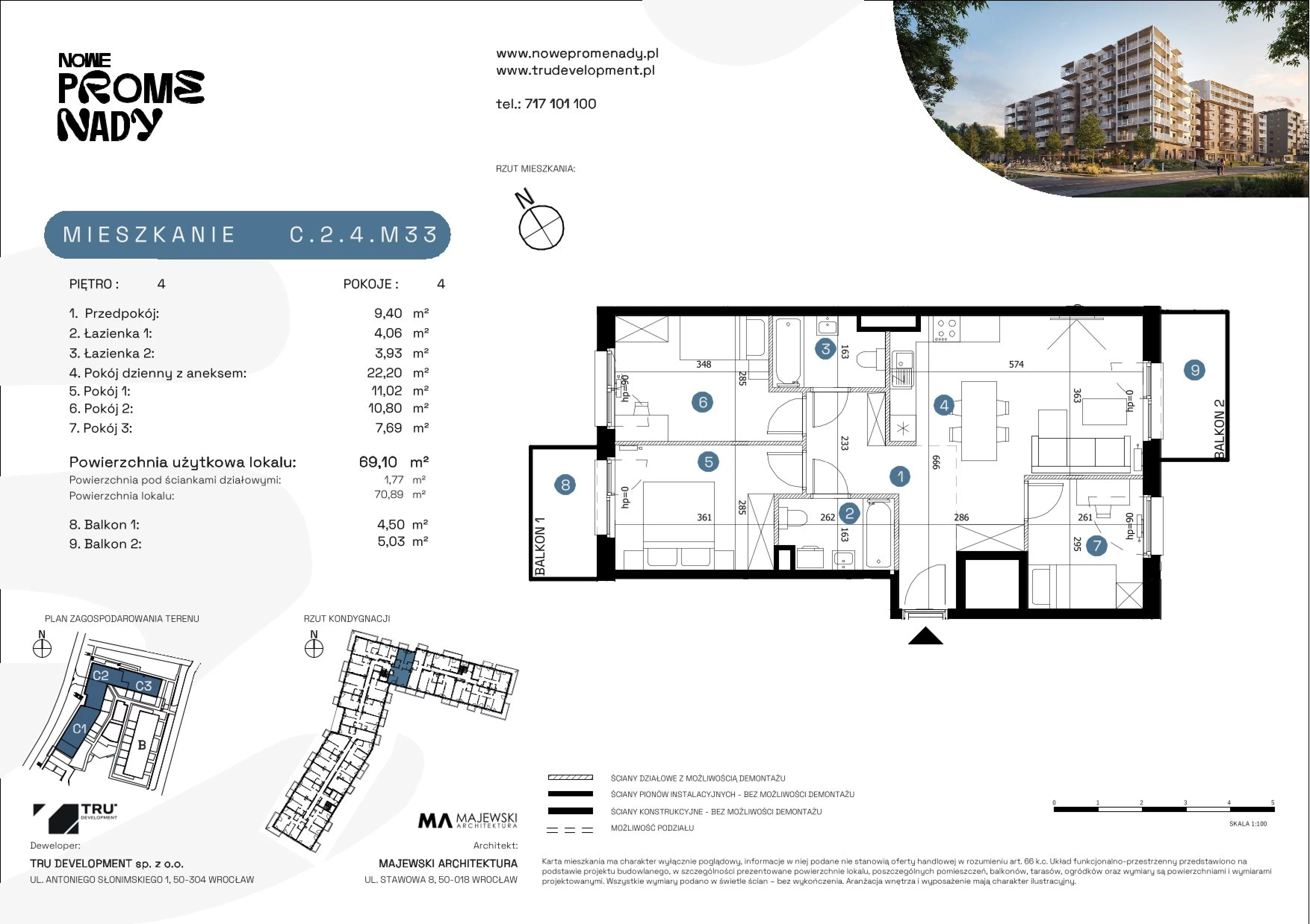 4 pokoje, mieszkanie 69,10 m², piętro 4, oferta nr C.2.4.M33, Nowe Promenady 2, Wrocław, Kleczków, Psie Pole, ul. Czesława Miłosza/Jana Czochralskiego