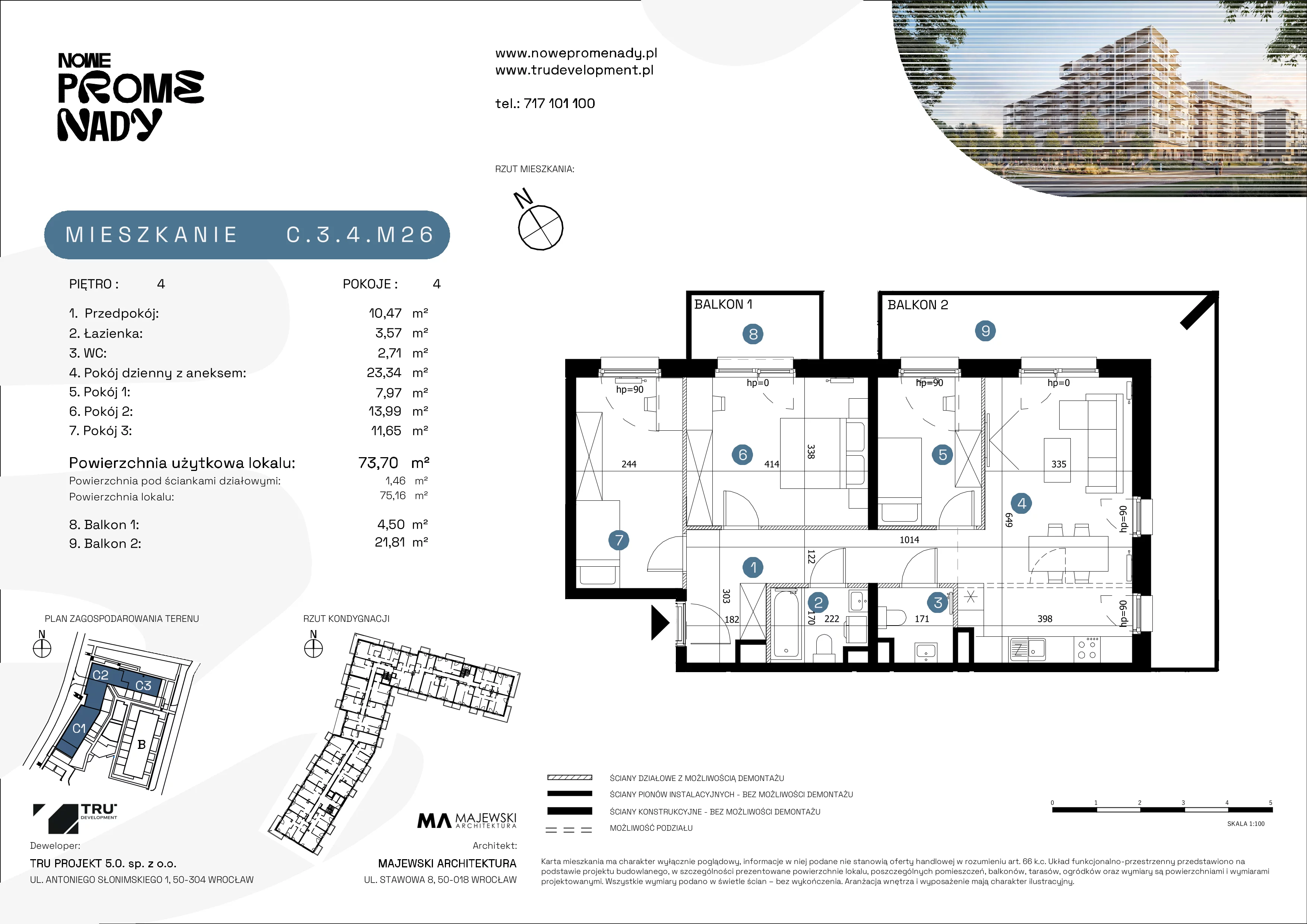 4 pokoje, mieszkanie 73,70 m², piętro 4, oferta nr C.3.4.M26, Nowe Promenady 2, Wrocław, Kleczków, Psie Pole, ul. Czesława Miłosza/Jana Czochralskiego