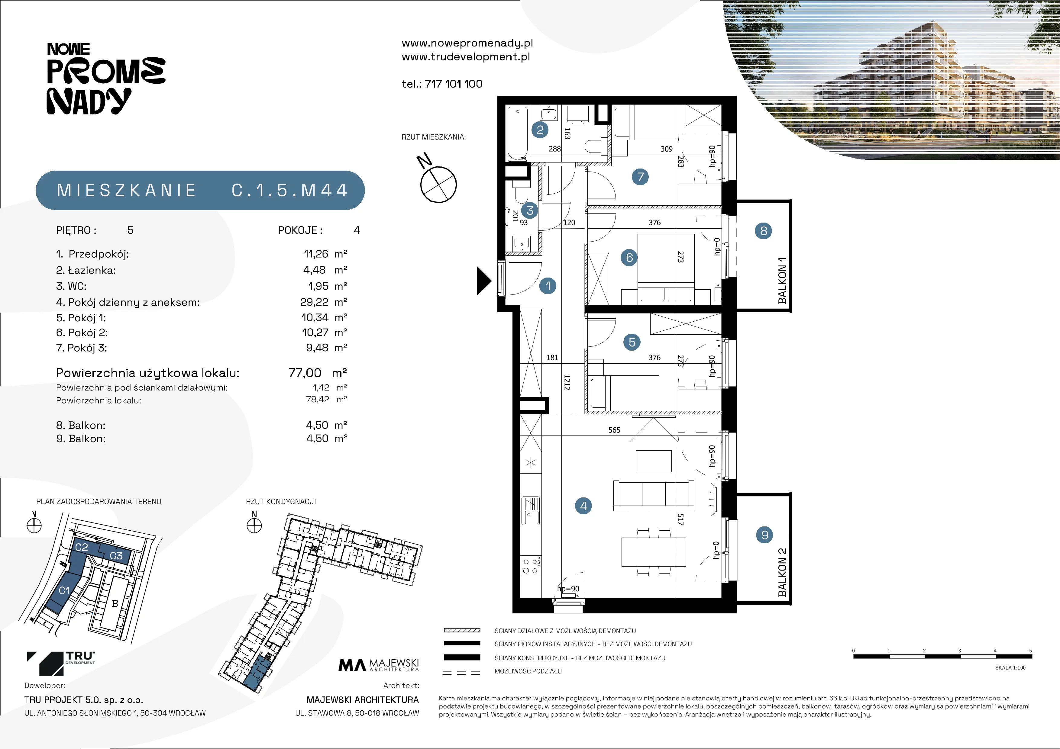 4 pokoje, mieszkanie 77,00 m², piętro 5, oferta nr C.1.5.M44, Nowe Promenady 2, Wrocław, Kleczków, Psie Pole, ul. Czesława Miłosza/Jana Czochralskiego