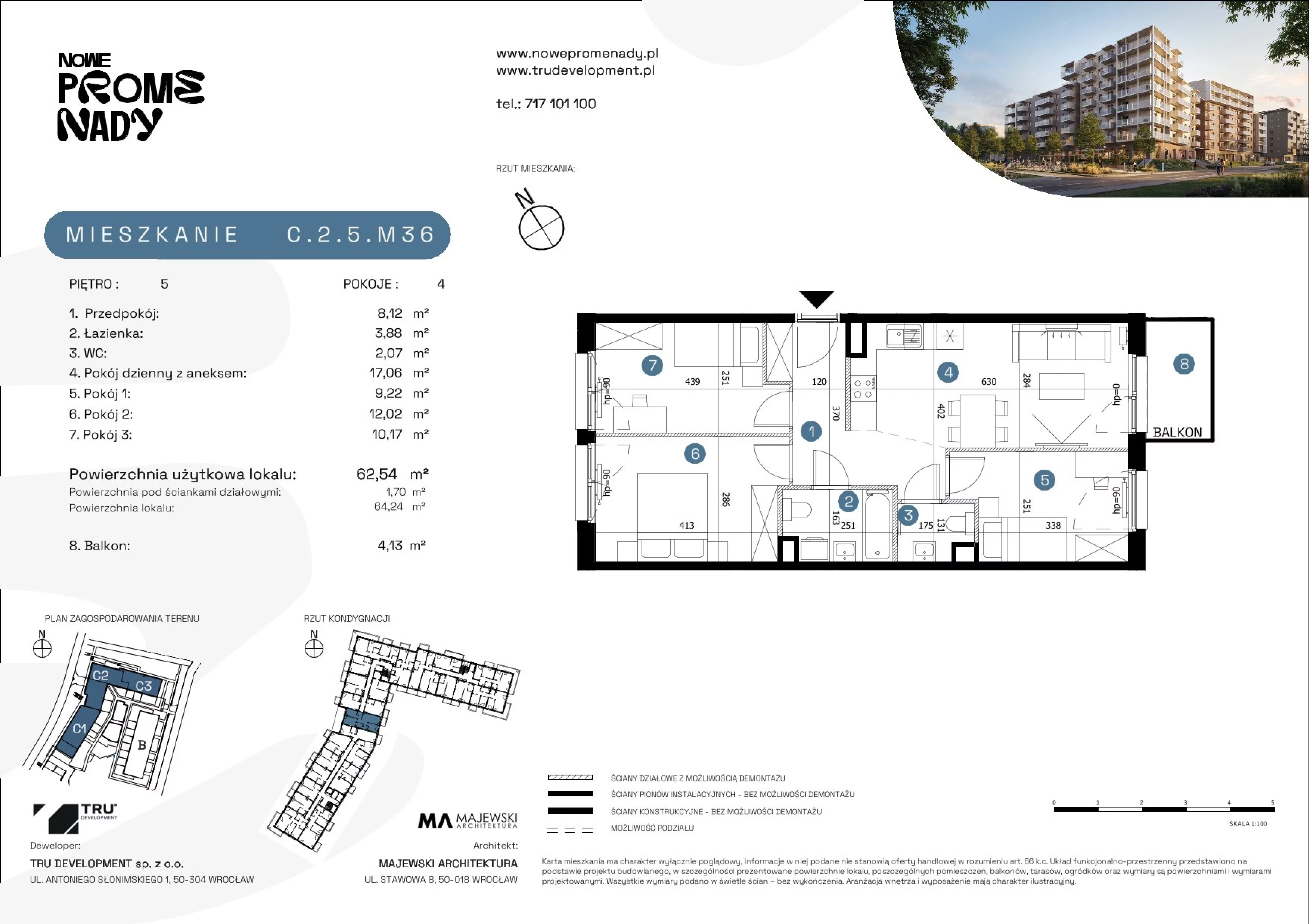 4 pokoje, mieszkanie 62,54 m², piętro 5, oferta nr C.2.5.M36, Nowe Promenady 2, Wrocław, Kleczków, Psie Pole, ul. Czesława Miłosza/Jana Czochralskiego