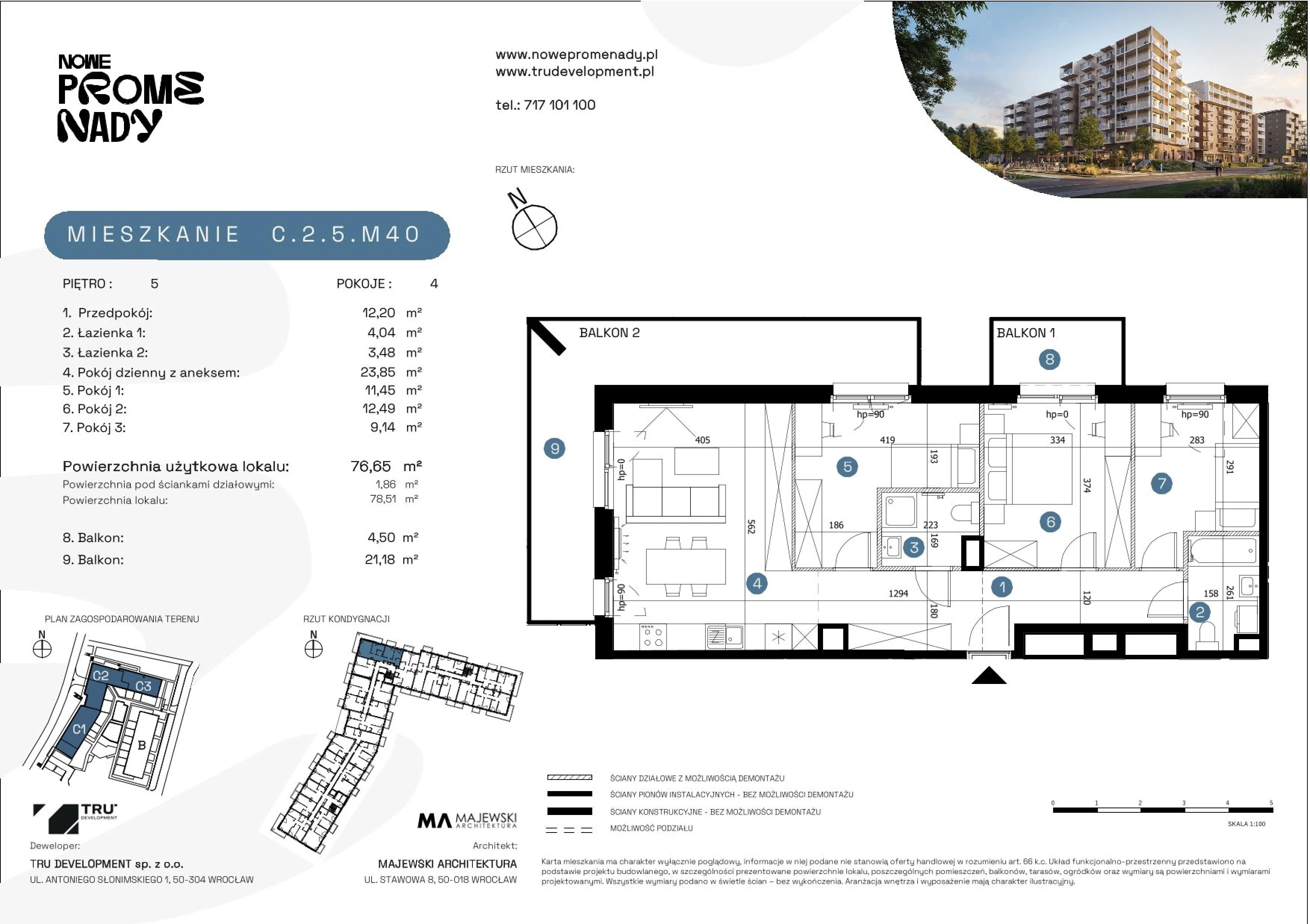 4 pokoje, mieszkanie 76,65 m², piętro 5, oferta nr C.2.5.M40, Nowe Promenady 2, Wrocław, Kleczków, Psie Pole, ul. Czesława Miłosza/Jana Czochralskiego