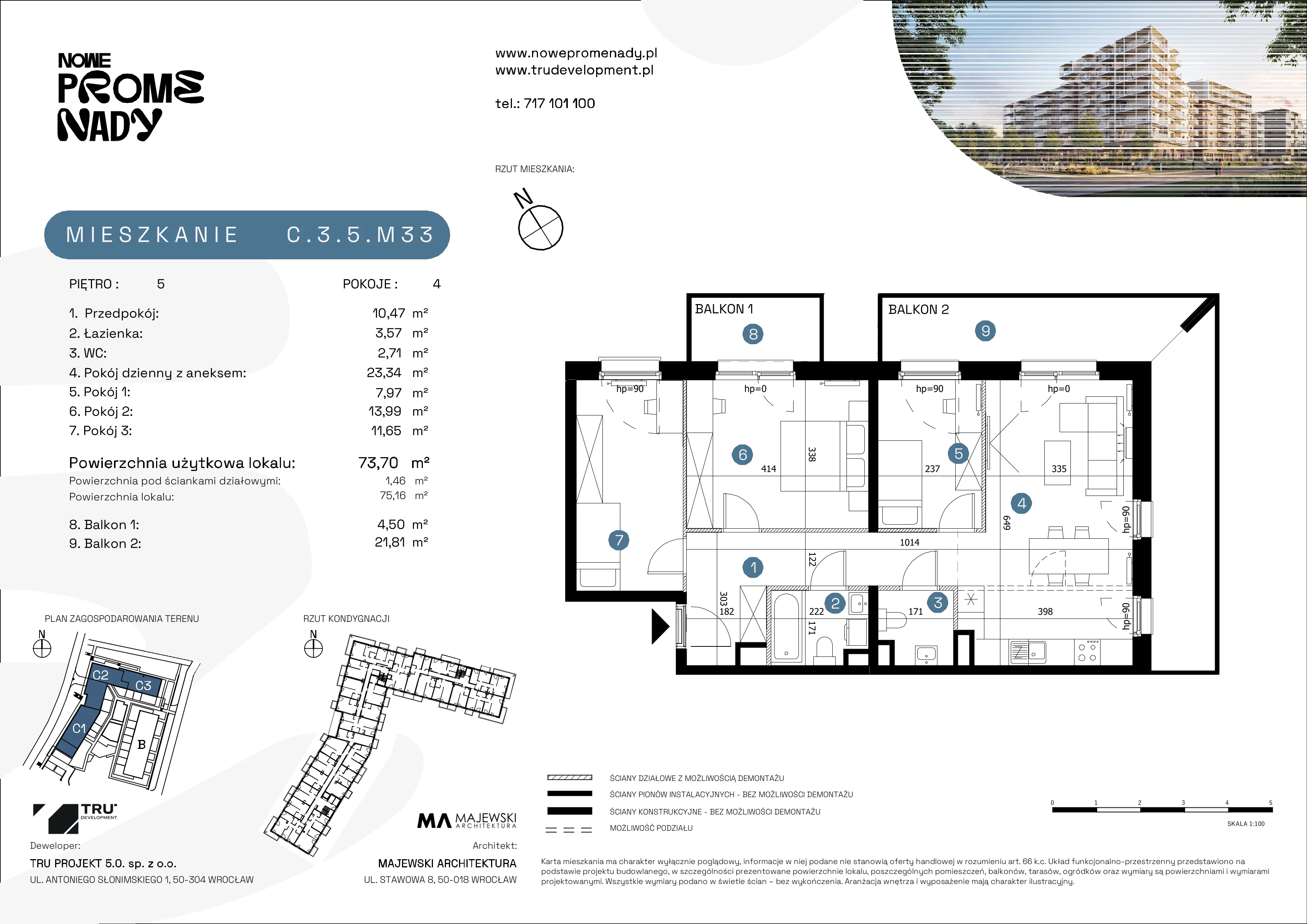 4 pokoje, mieszkanie 73,70 m², piętro 5, oferta nr C.3.5.M33, Nowe Promenady 2, Wrocław, Kleczków, Psie Pole, ul. Czesława Miłosza/Jana Czochralskiego