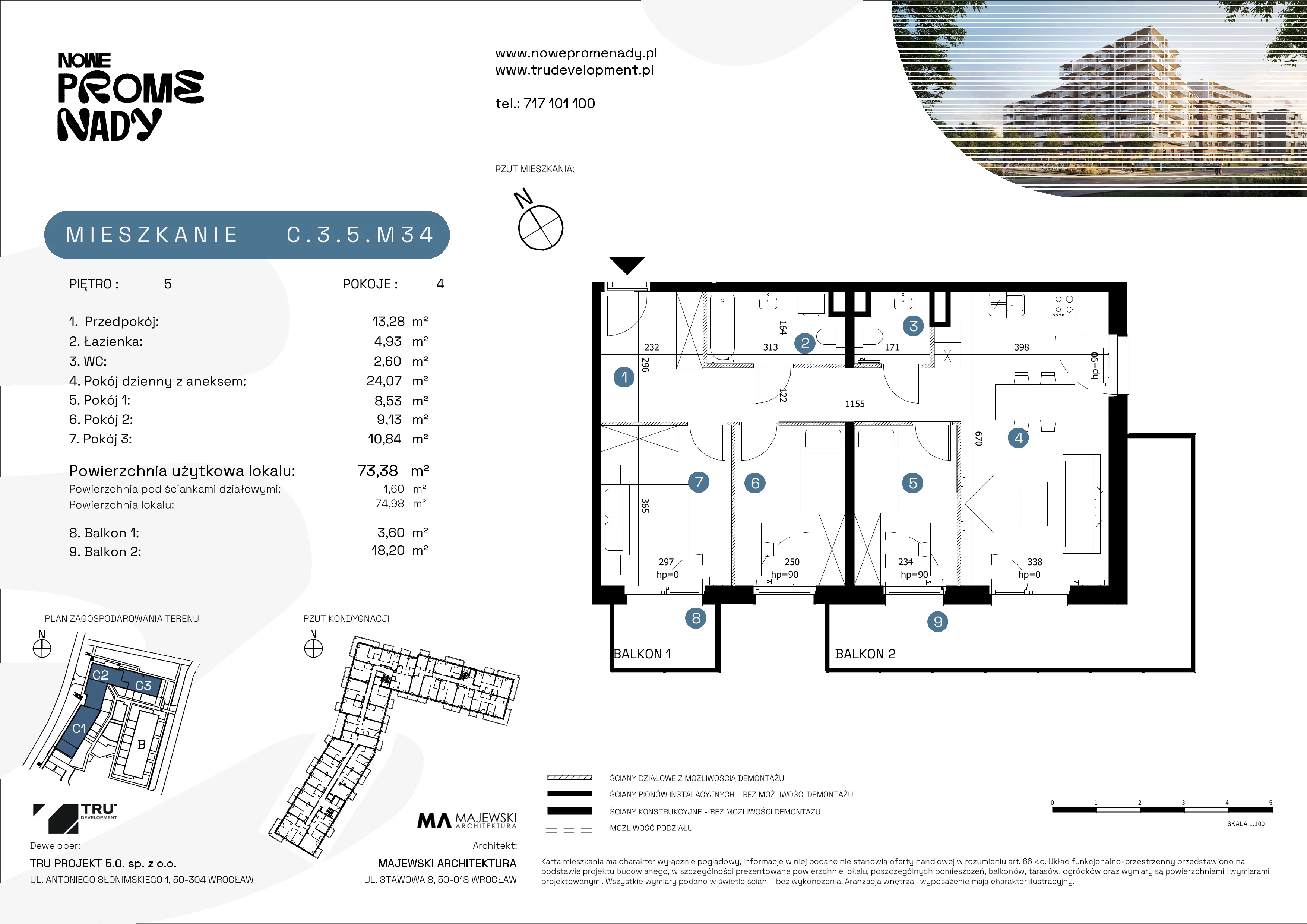 4 pokoje, mieszkanie 73,38 m², piętro 5, oferta nr C.3.5.M34, Nowe Promenady 2, Wrocław, Kleczków, Psie Pole, ul. Czesława Miłosza/Jana Czochralskiego