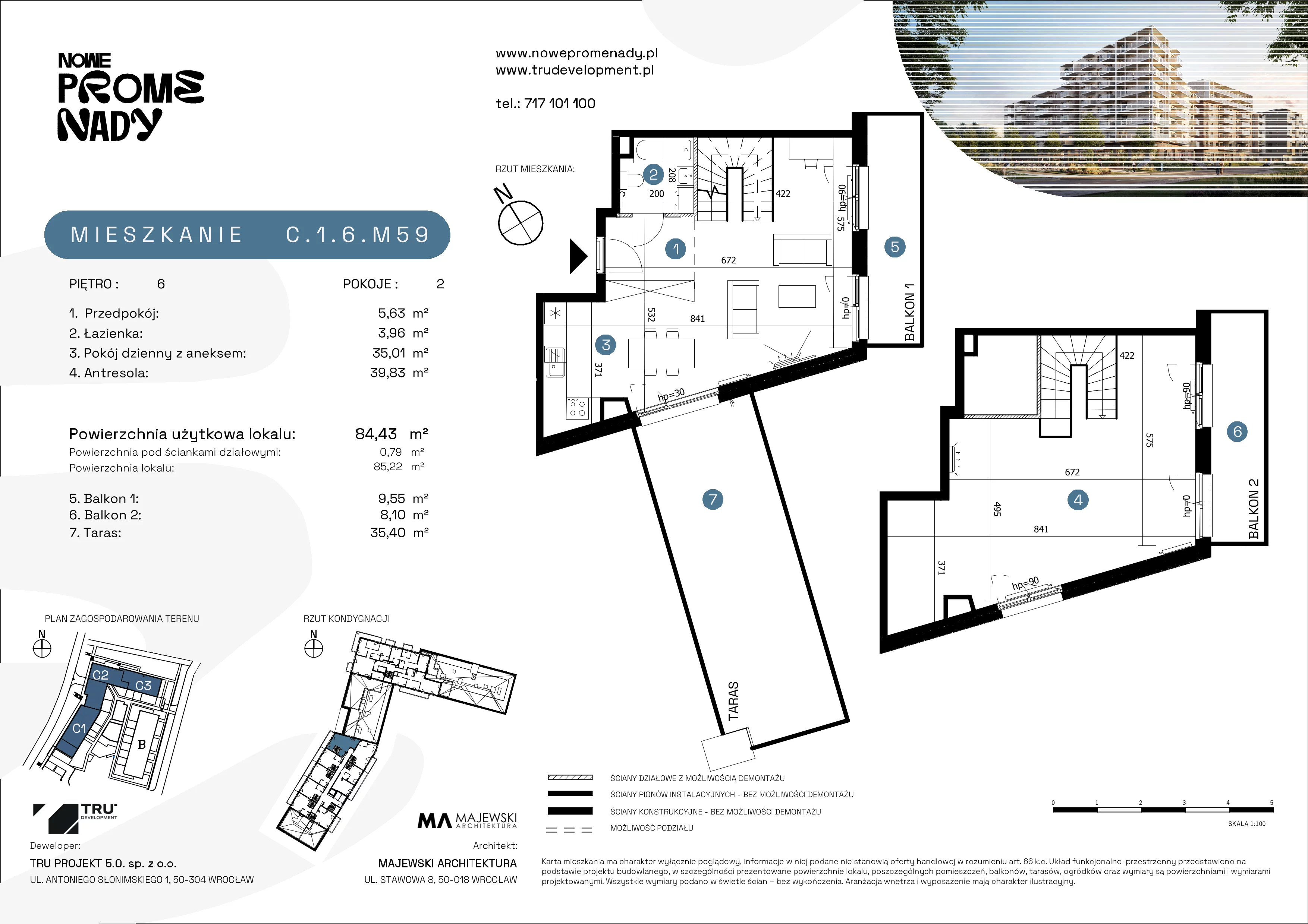 4 pokoje, mieszkanie 84,43 m², piętro 6, oferta nr C.1.6.M59, Nowe Promenady 2, Wrocław, Kleczków, Psie Pole, ul. Czesława Miłosza/Jana Czochralskiego