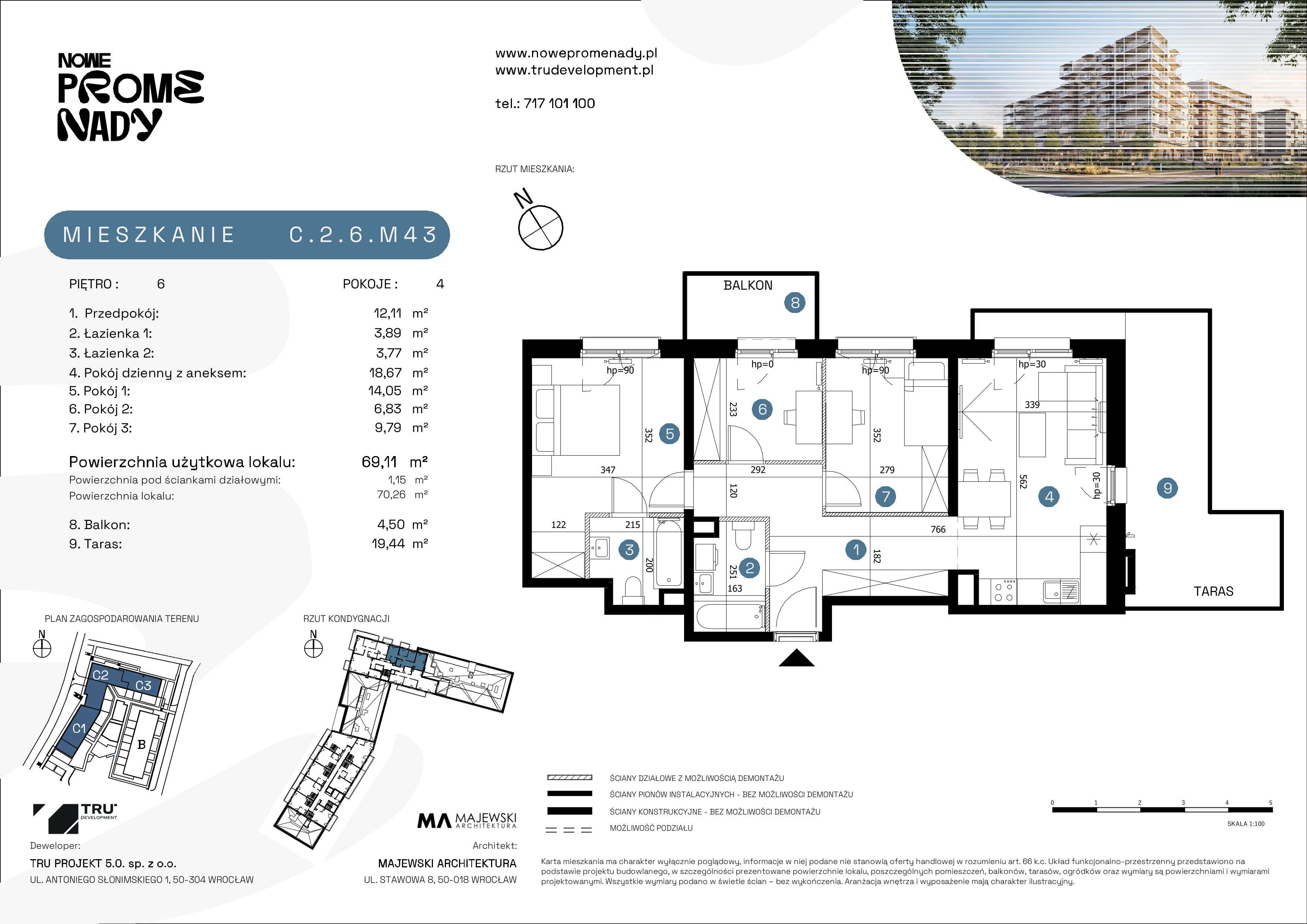 4 pokoje, mieszkanie 69,11 m², piętro 6, oferta nr C.2.6.M43, Nowe Promenady 2, Wrocław, Kleczków, Psie Pole, ul. Czesława Miłosza/Jana Czochralskiego