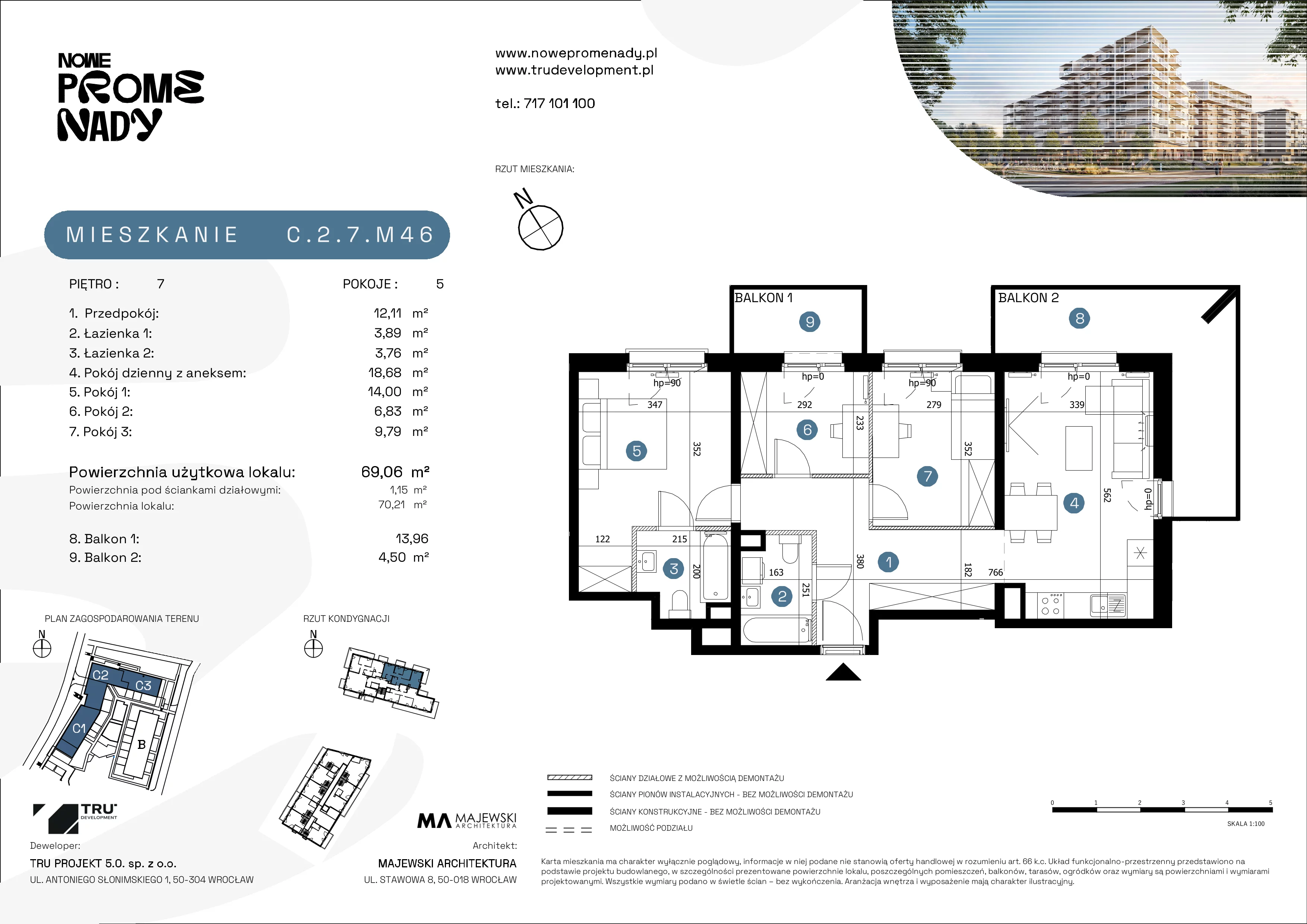 4 pokoje, mieszkanie 69,06 m², piętro 7, oferta nr C.2.7.M46, Nowe Promenady 2, Wrocław, Kleczków, Psie Pole, ul. Czesława Miłosza/Jana Czochralskiego