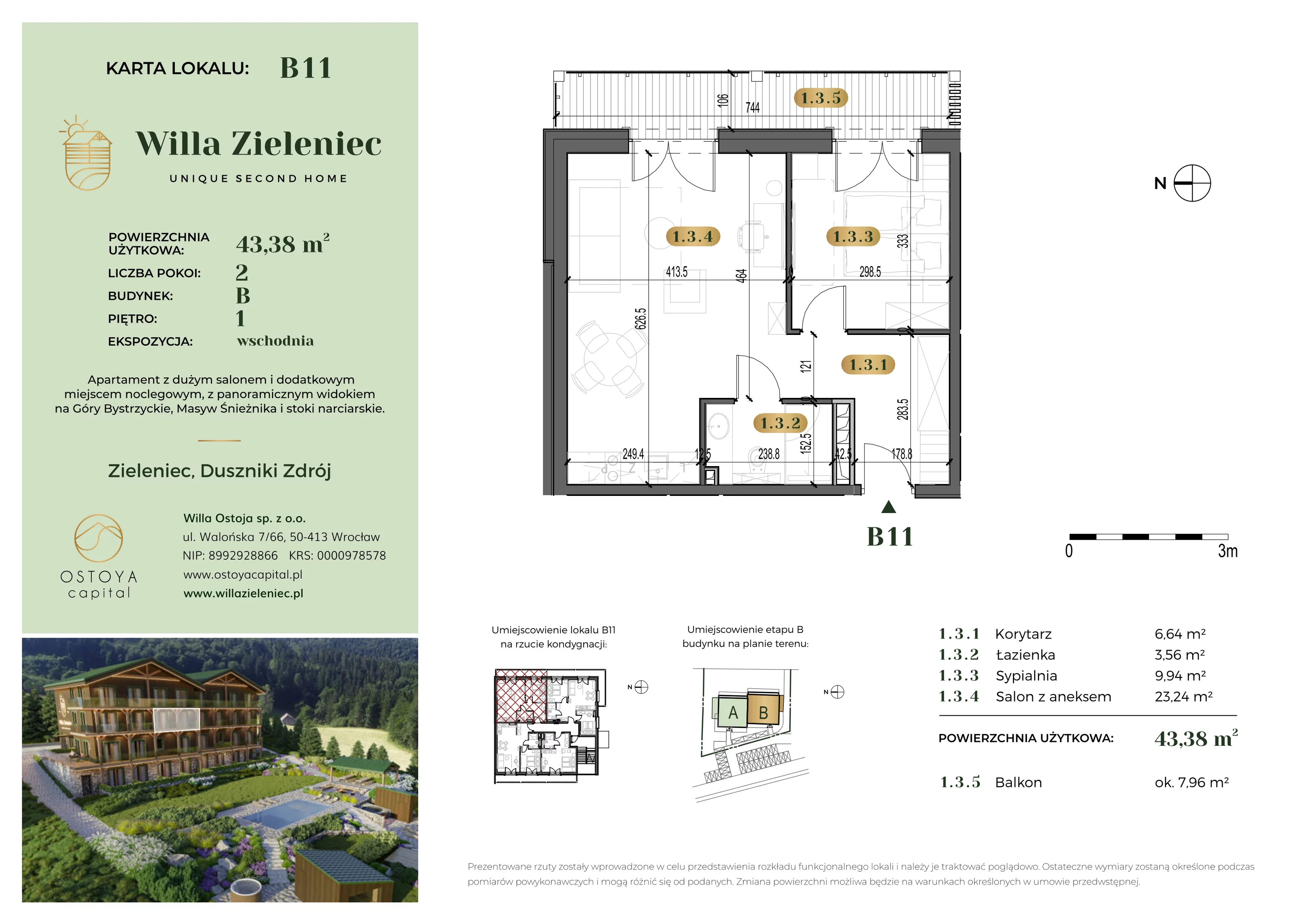 Mieszkanie 43,38 m², piętro 1, oferta nr B11, Willa Zieleniec, Duszniki-Zdrój, ul. Zieleniec 104