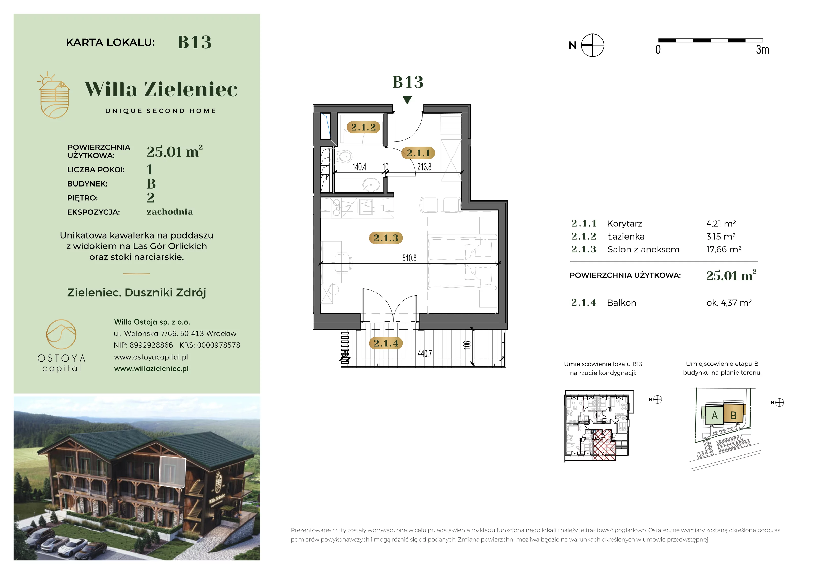 Mieszkanie 25,01 m², piętro 1, oferta nr B13, Willa Zieleniec, Duszniki-Zdrój, ul. Zieleniec 104