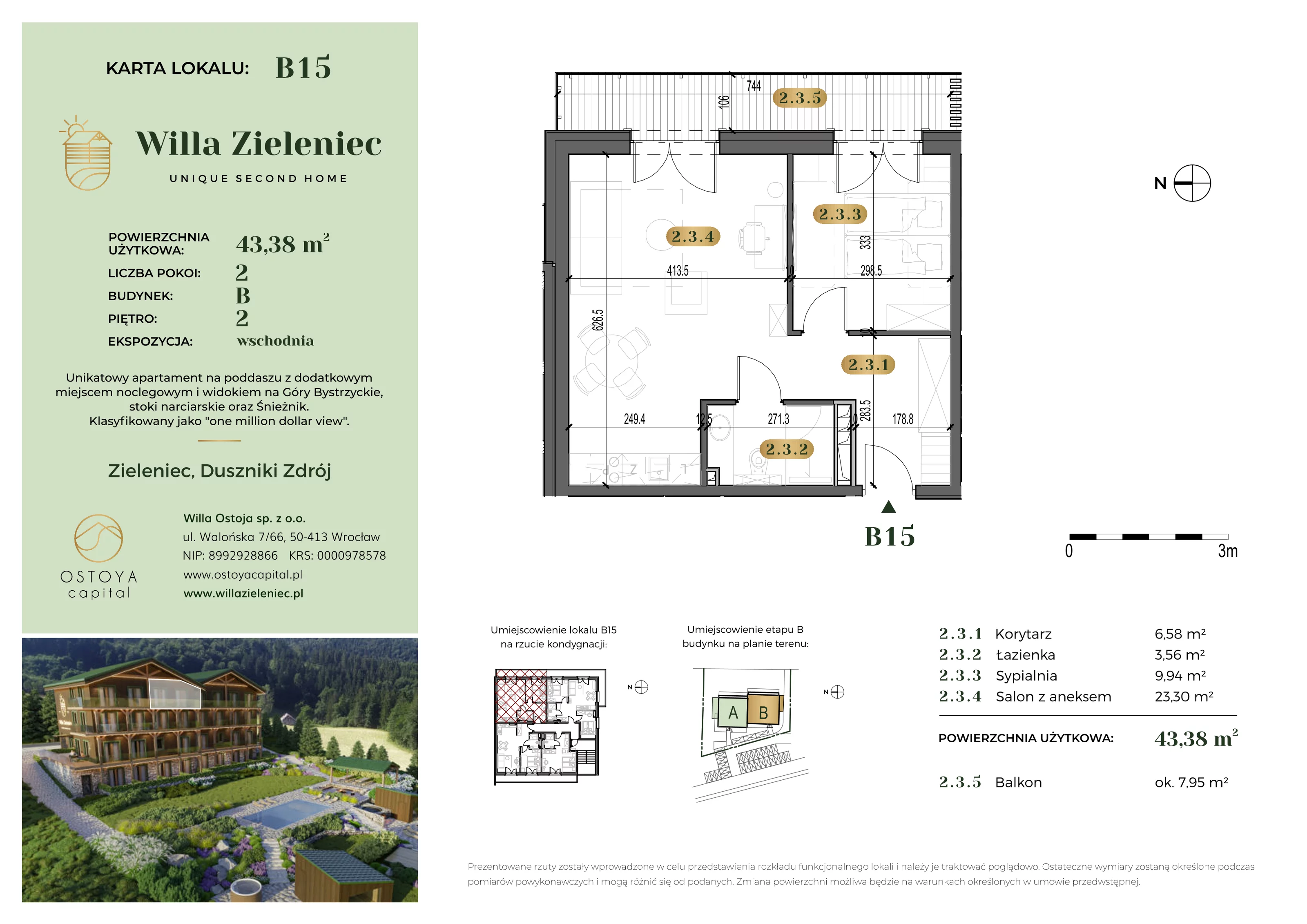 Mieszkanie 43,38 m², piętro 2, oferta nr B15, Willa Zieleniec, Duszniki-Zdrój, ul. Zieleniec 104