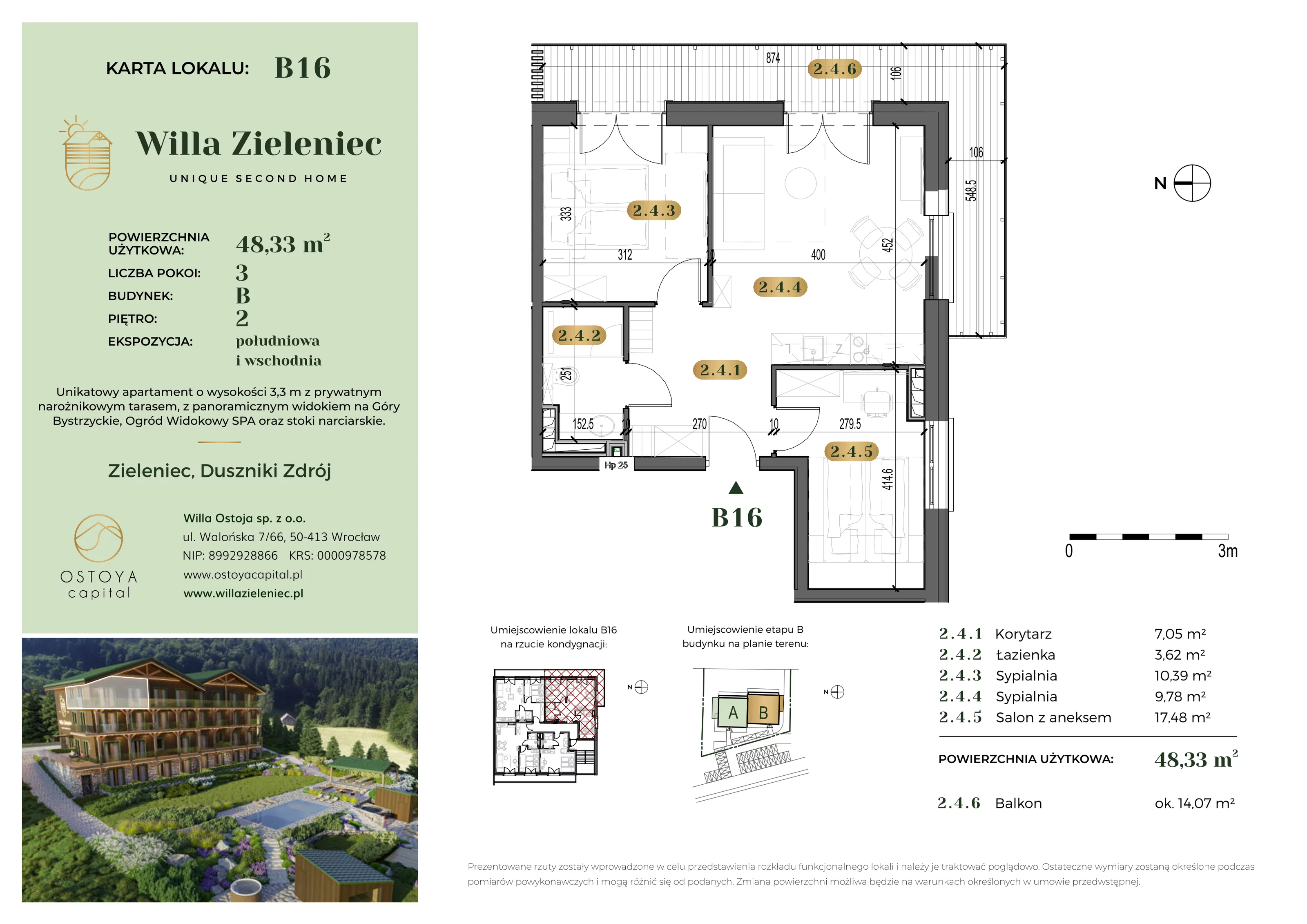 Mieszkanie 48,33 m², piętro 2, oferta nr B16, Willa Zieleniec, Duszniki-Zdrój, ul. Zieleniec 104