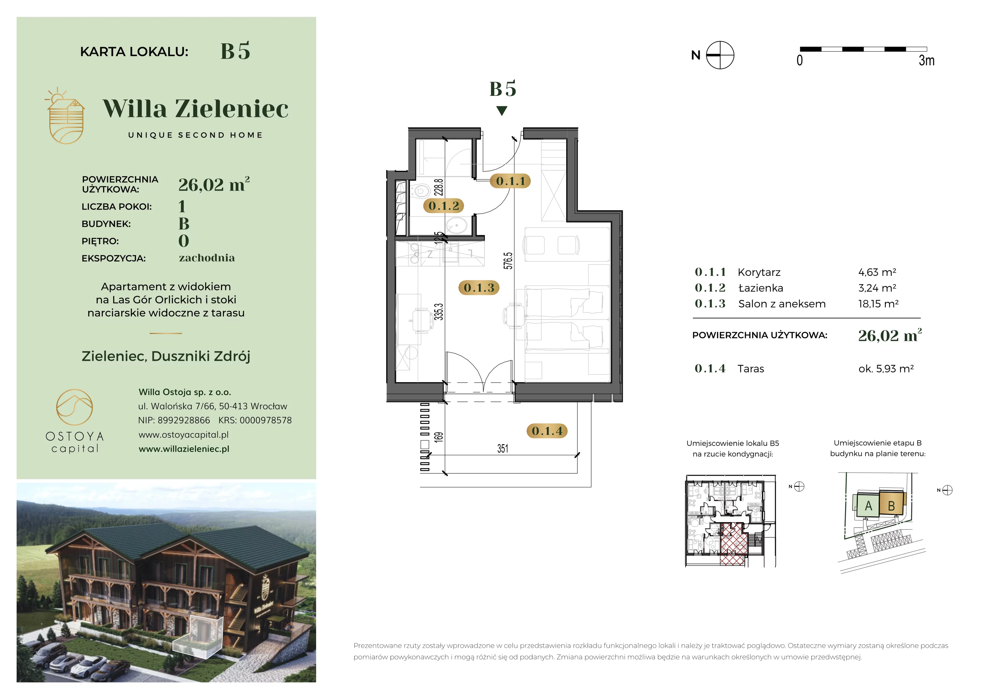 Mieszkanie 26,02 m², parter, oferta nr B5, Willa Zieleniec, Duszniki-Zdrój, ul. Zieleniec 104