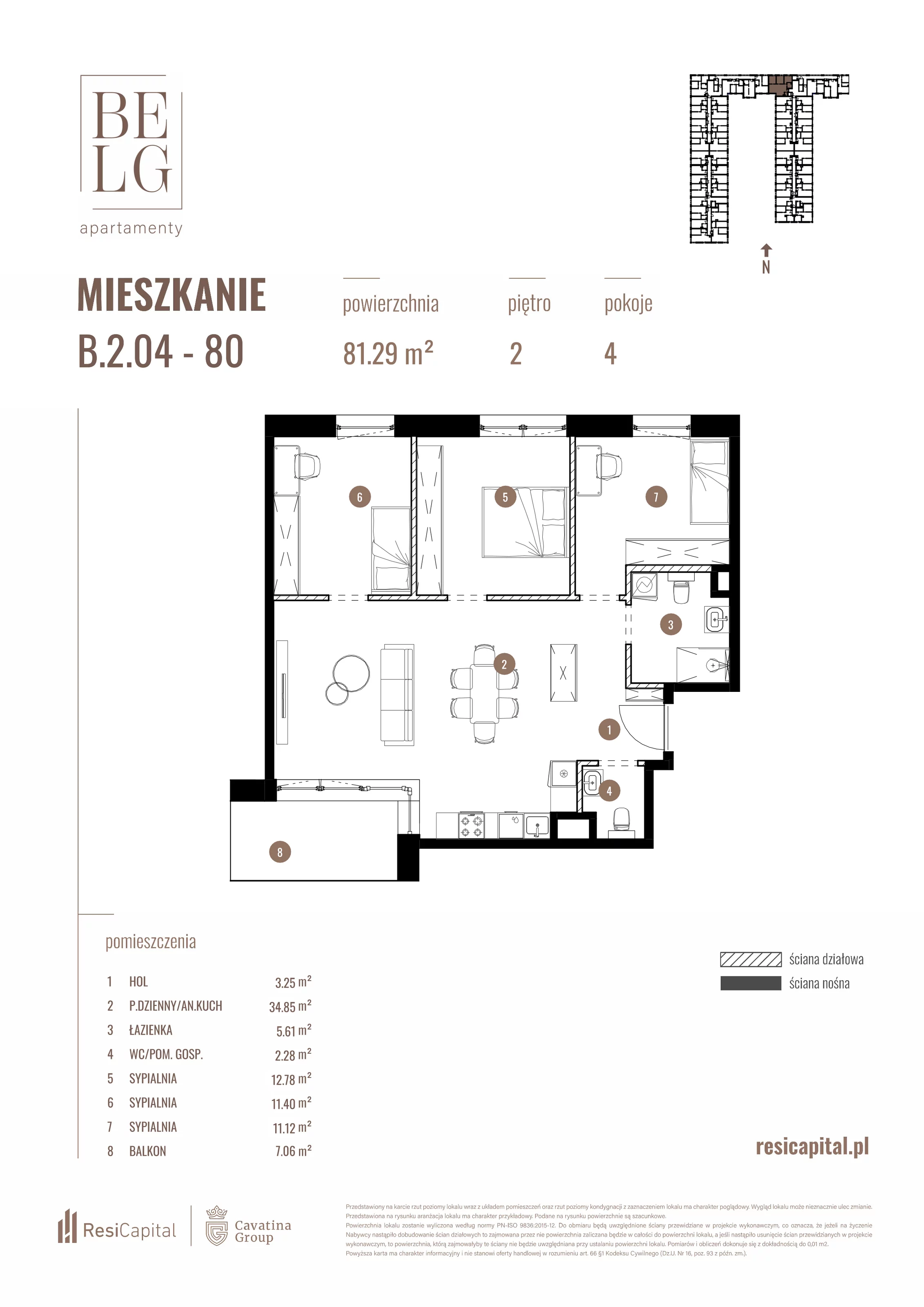 4 pokoje, mieszkanie 81,29 m², piętro 2, oferta nr B.2.04, Belg Apartamenty, Katowice, Osiedle Paderewskiego-Muchowiec, ul. Przemysłowa 3