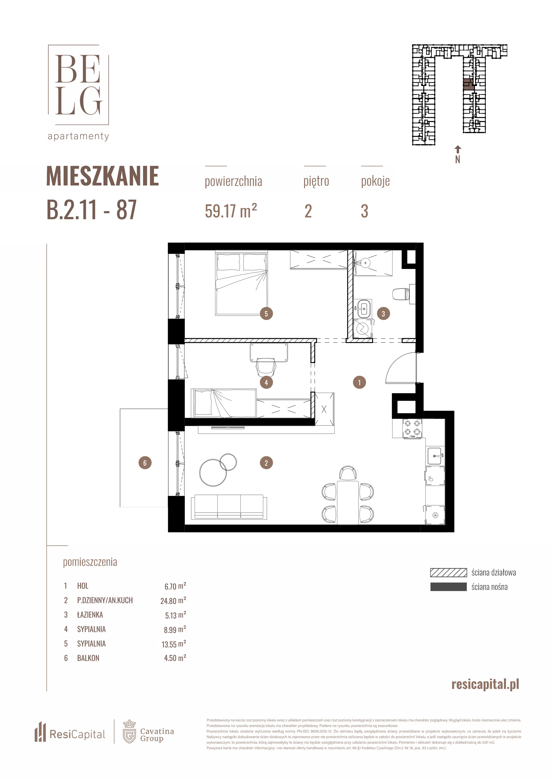 3 pokoje, mieszkanie 59,17 m², piętro 2, oferta nr B.2.11, Belg Apartamenty, Katowice, Osiedle Paderewskiego-Muchowiec, ul. Przemysłowa 3