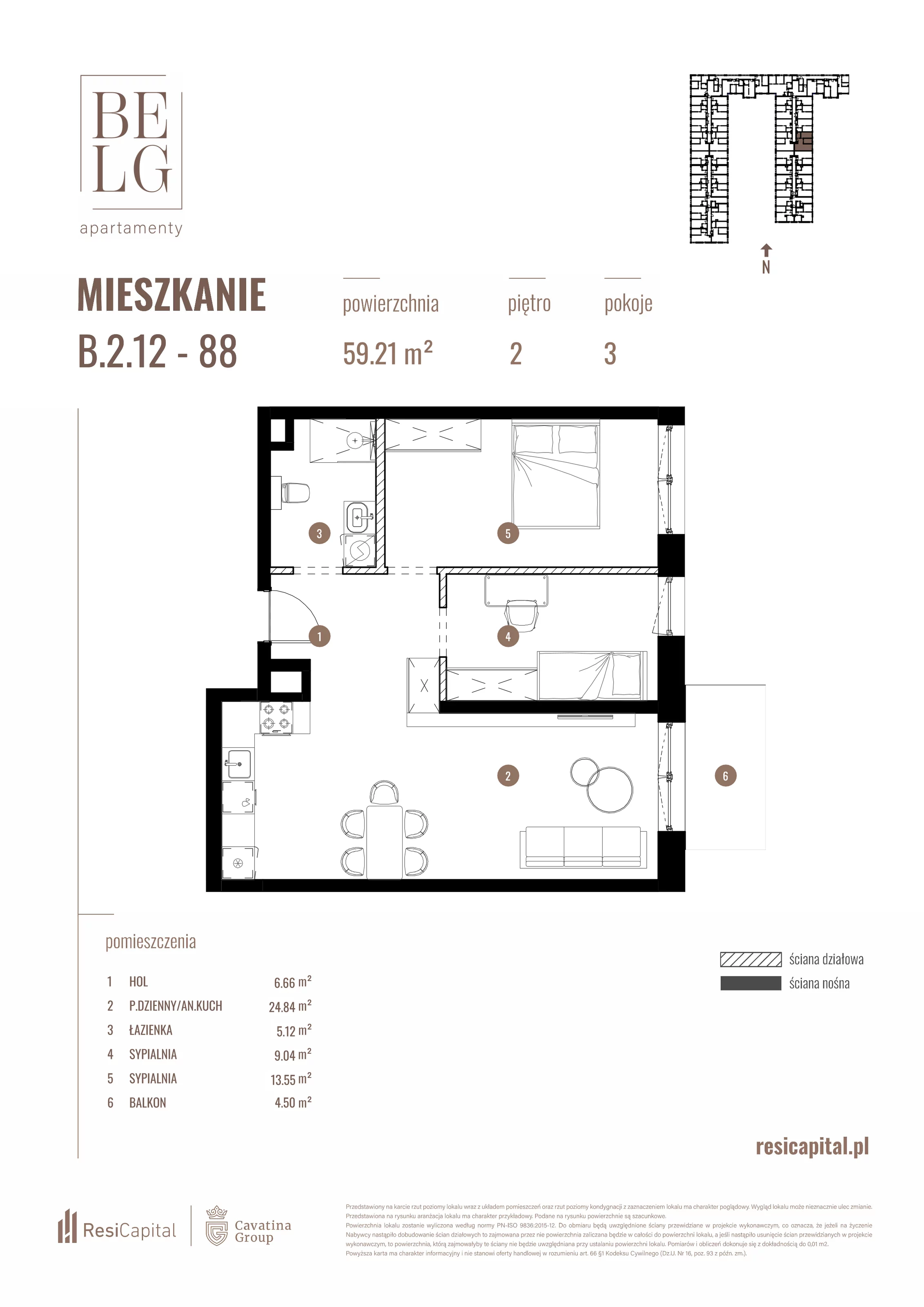 3 pokoje, mieszkanie 59,21 m², piętro 2, oferta nr B.2.12, Belg Apartamenty, Katowice, Osiedle Paderewskiego-Muchowiec, ul. Przemysłowa 3