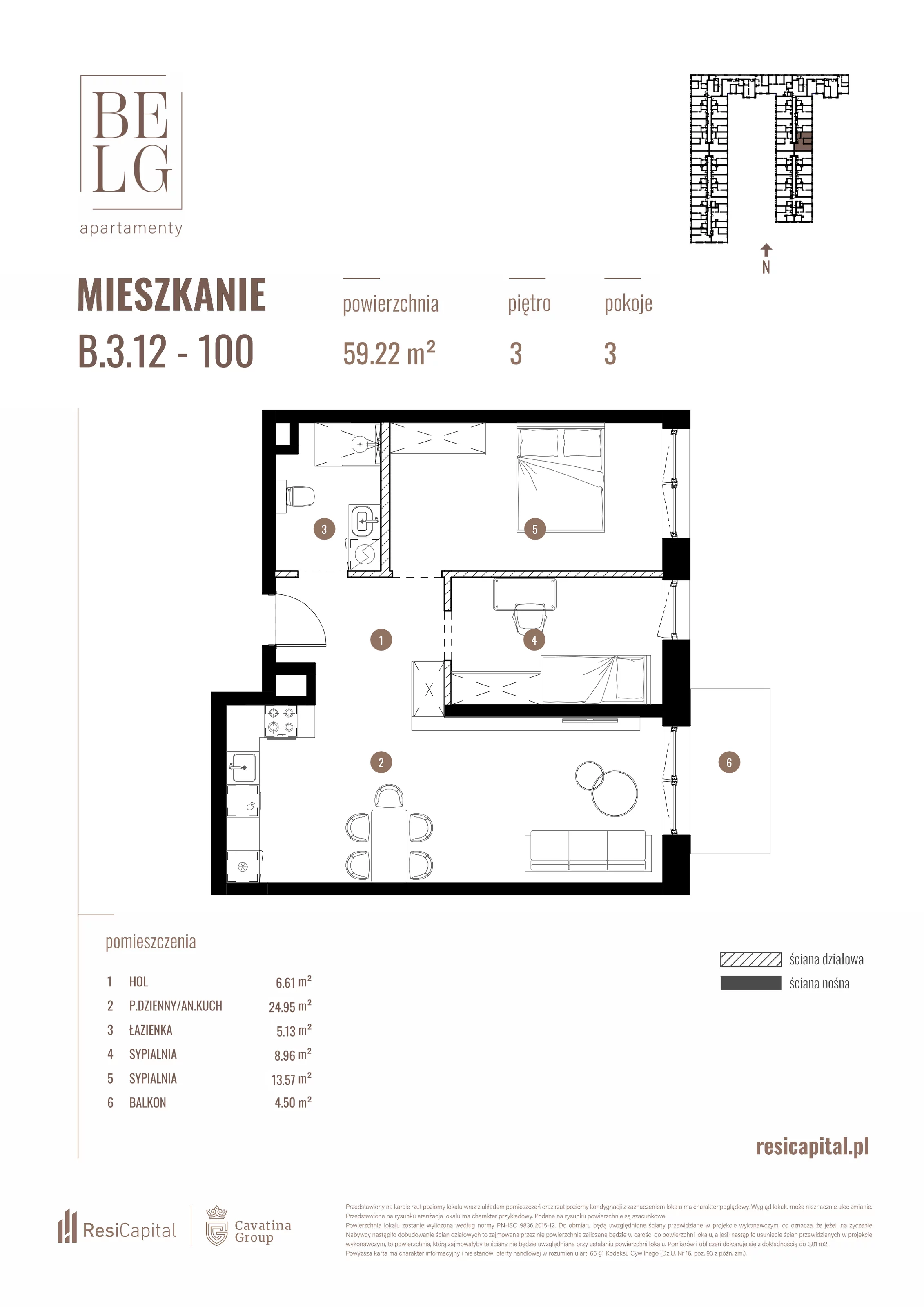 3 pokoje, mieszkanie 59,22 m², piętro 3, oferta nr B.3.12, Belg Apartamenty, Katowice, Osiedle Paderewskiego-Muchowiec, ul. Przemysłowa 3