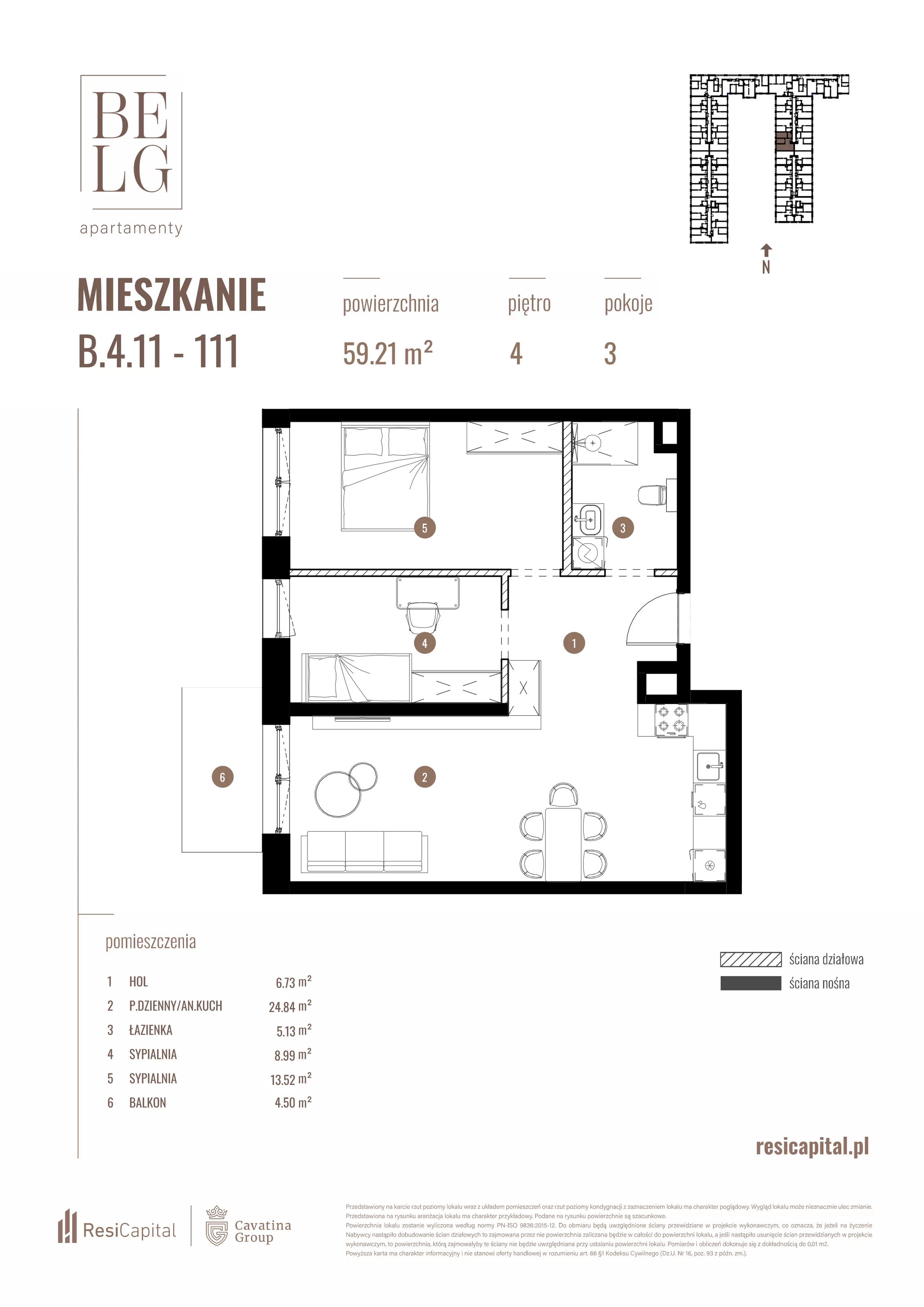 3 pokoje, mieszkanie 59,21 m², piętro 4, oferta nr B.4.11, Belg Apartamenty, Katowice, Osiedle Paderewskiego-Muchowiec, ul. Przemysłowa 3