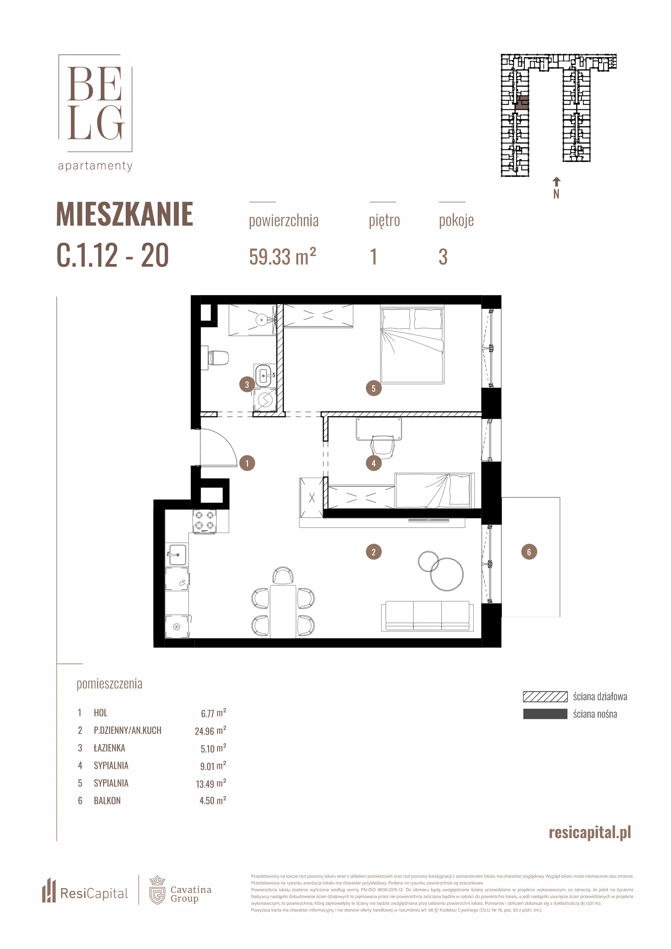 3 pokoje, mieszkanie 59,33 m², piętro 1, oferta nr C.1.12, Belg Apartamenty, Katowice, Osiedle Paderewskiego-Muchowiec, ul. Przemysłowa 3