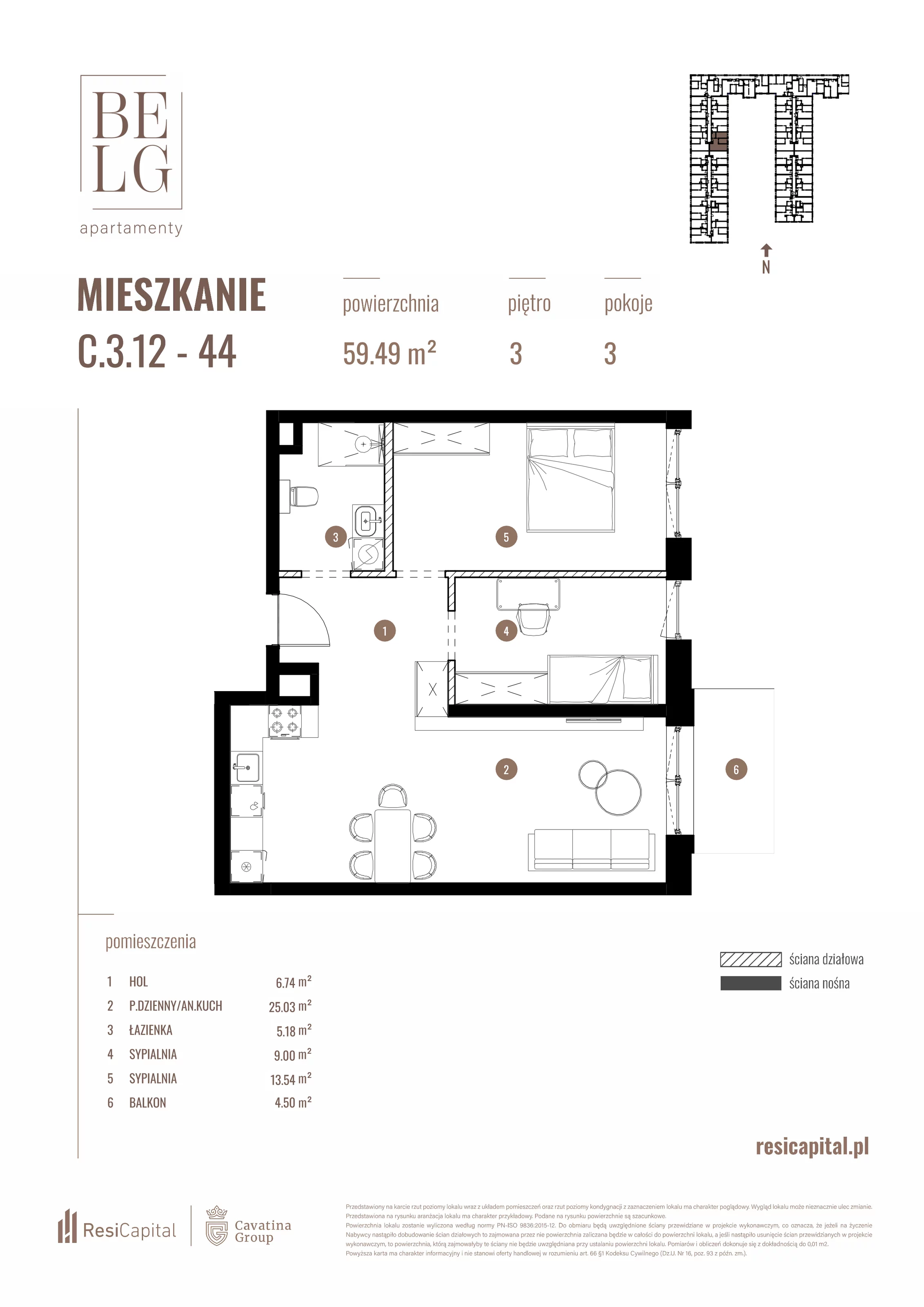 3 pokoje, mieszkanie 59,49 m², piętro 3, oferta nr C.3.12, Belg Apartamenty, Katowice, Osiedle Paderewskiego-Muchowiec, ul. Przemysłowa 3