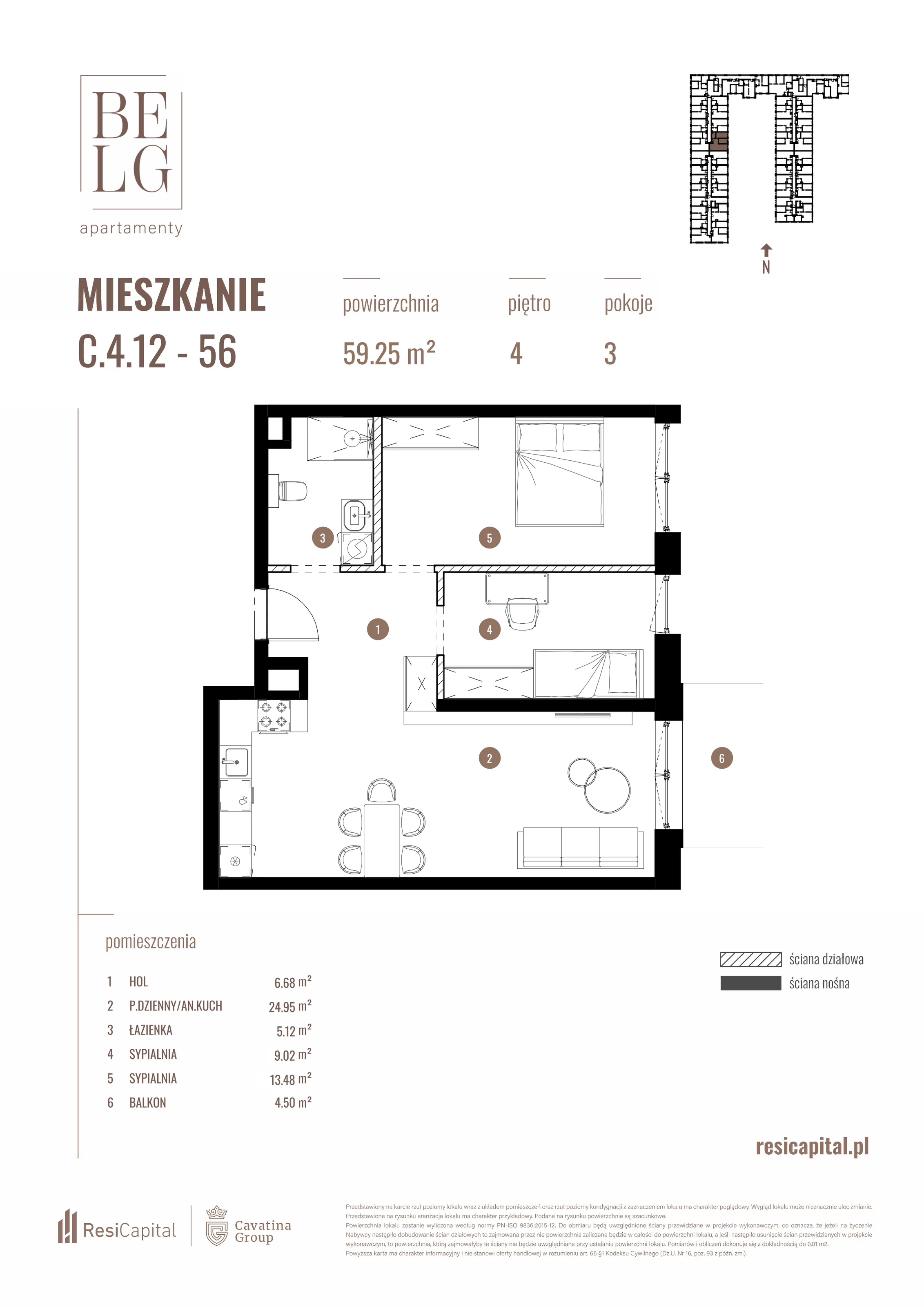 3 pokoje, mieszkanie 59,25 m², piętro 4, oferta nr C.4.12, Belg Apartamenty, Katowice, Osiedle Paderewskiego-Muchowiec, ul. Przemysłowa 3