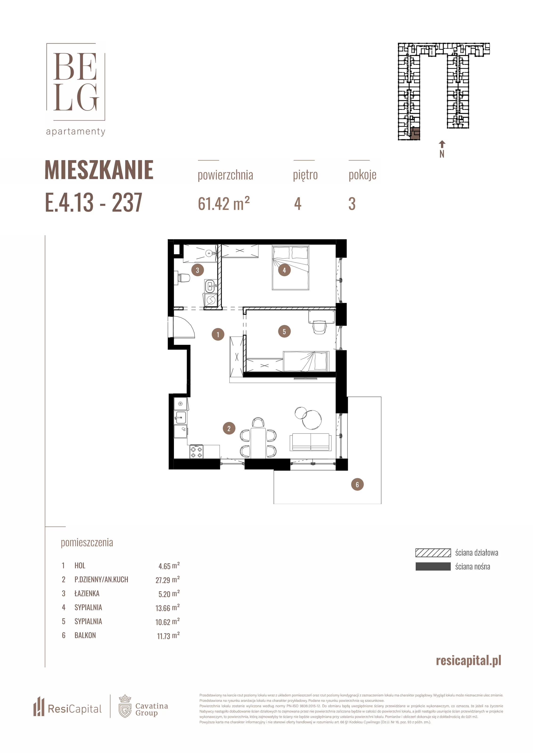 3 pokoje, mieszkanie 61,42 m², piętro 4, oferta nr E.4.13, Belg Apartamenty, Katowice, Osiedle Paderewskiego-Muchowiec, ul. Przemysłowa 3