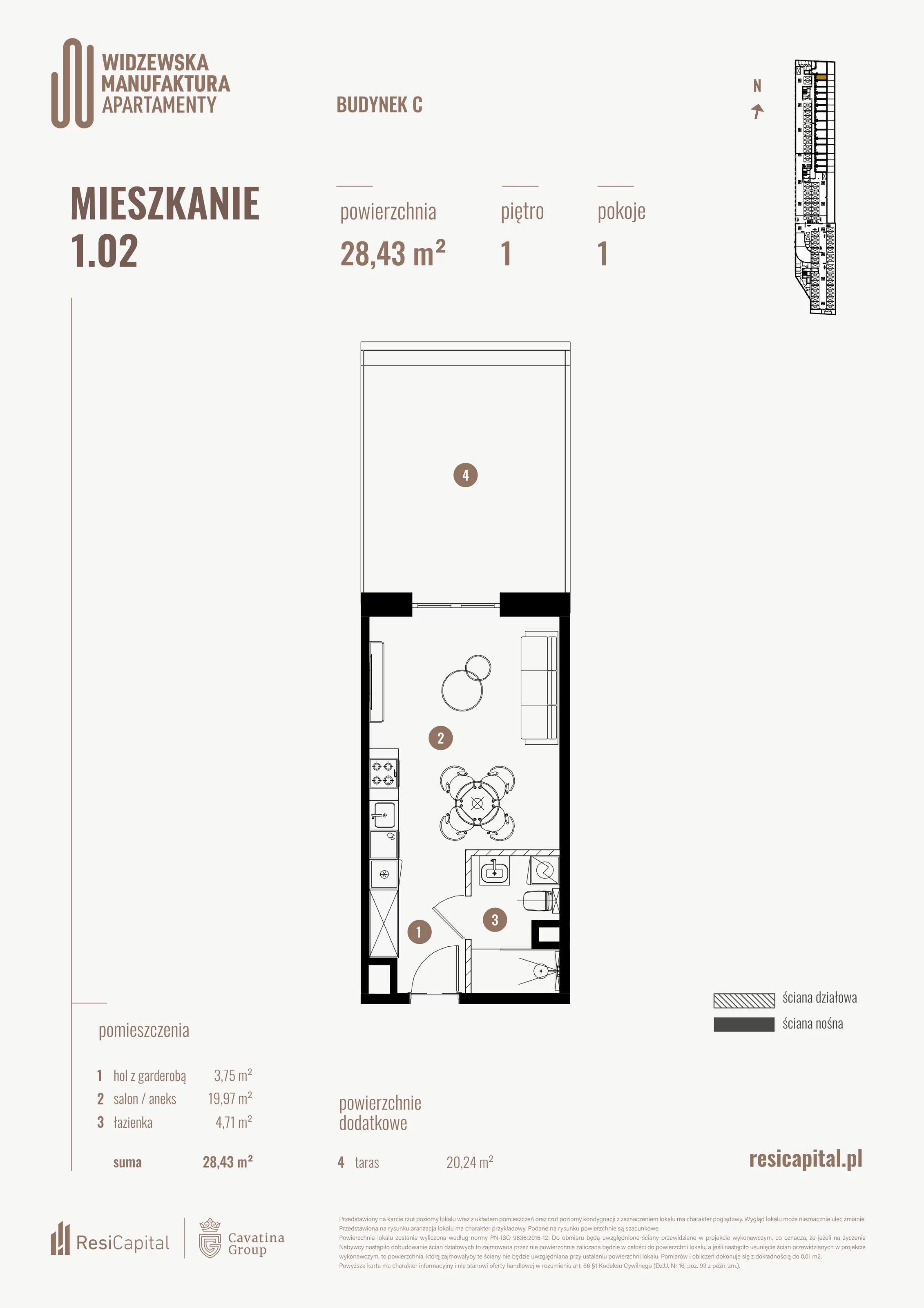 1 pokój, mieszkanie 28,43 m², piętro 1, oferta nr 1.02., Wima Apartments, Łódź, Widzew, al. Piłsudskiego 135