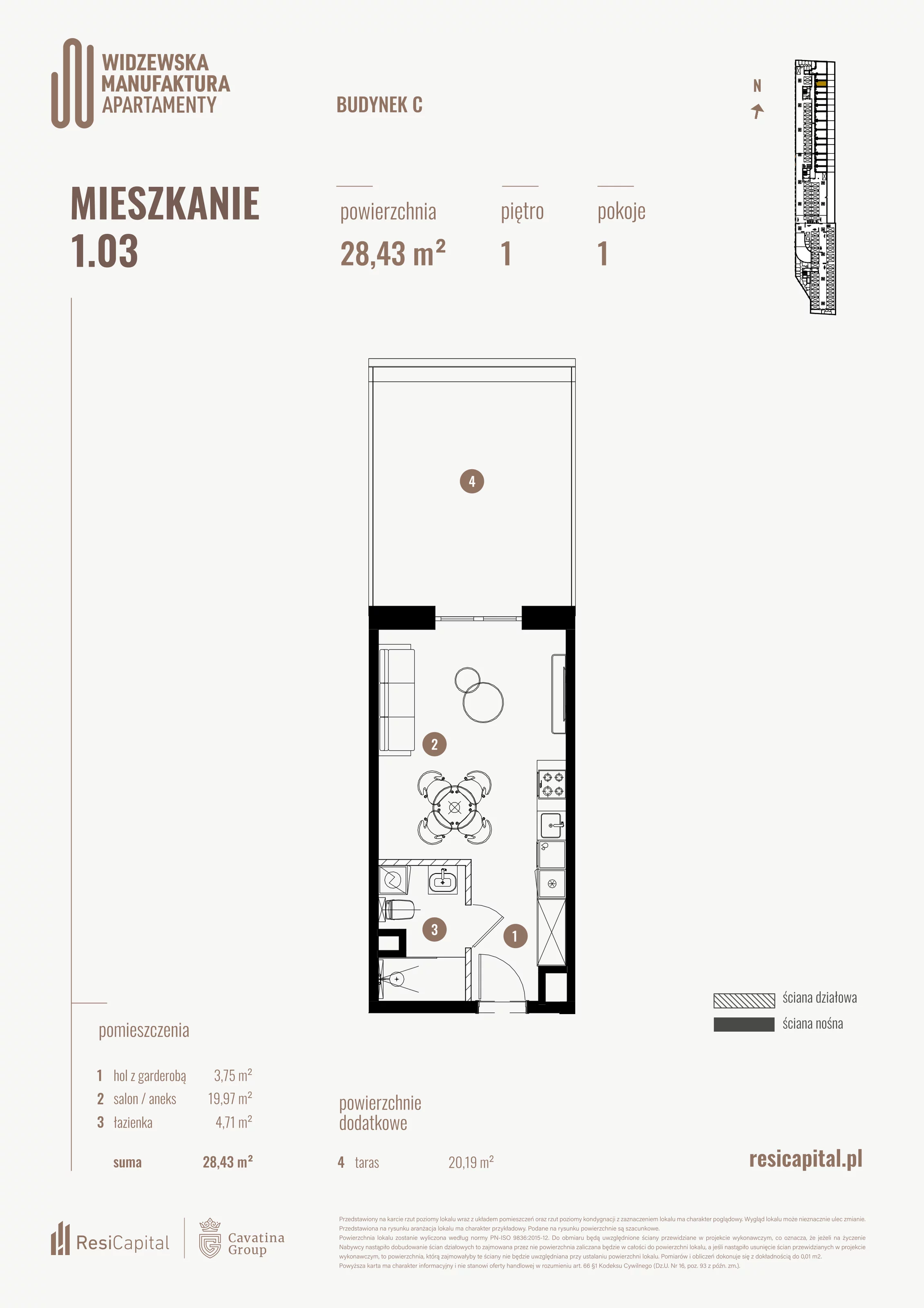 1 pokój, mieszkanie 28,43 m², piętro 1, oferta nr 1.03., Wima Apartments, Łódź, Widzew, al. Piłsudskiego 135