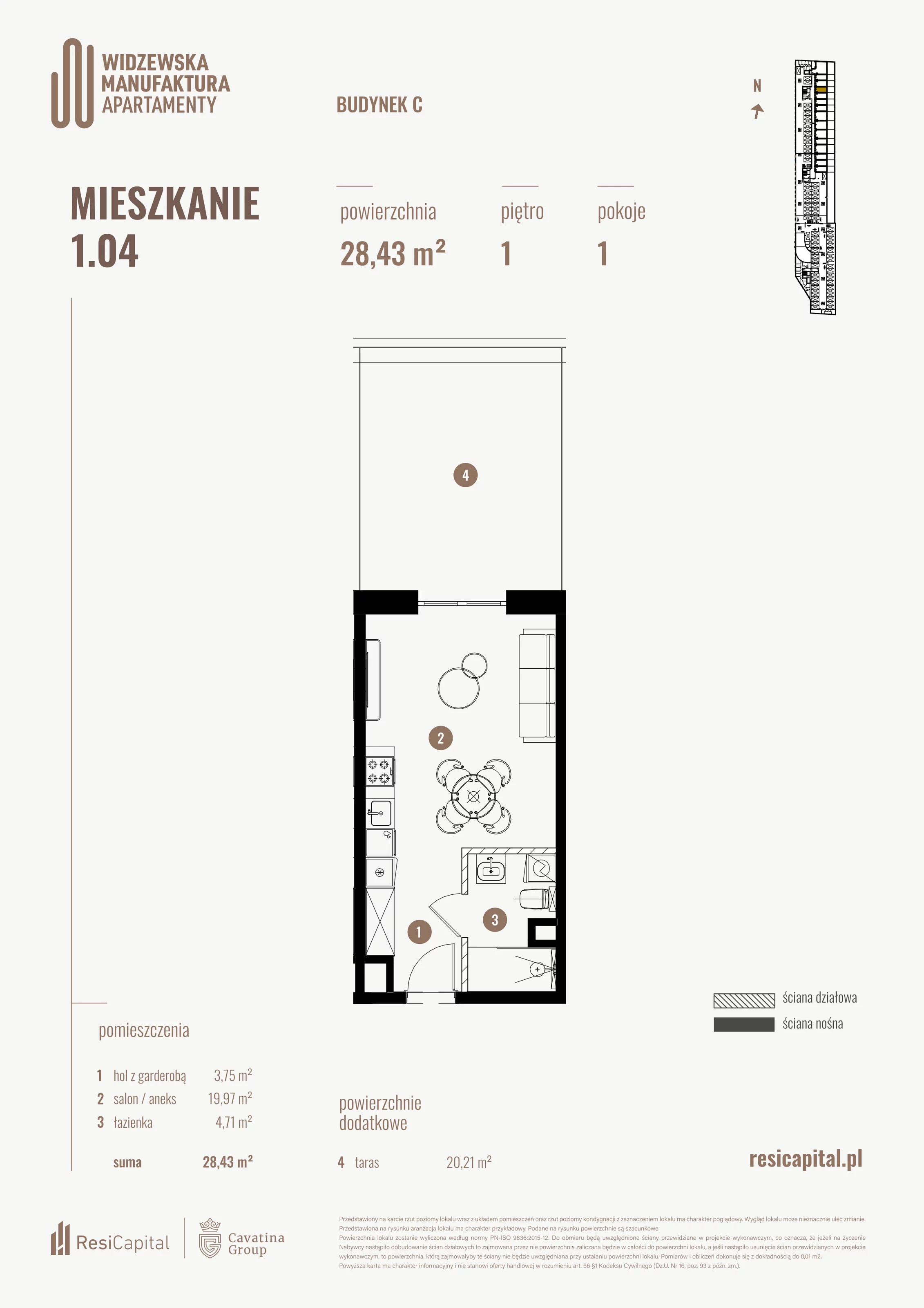 1 pokój, mieszkanie 28,43 m², piętro 1, oferta nr 1.04., Wima Apartments, Łódź, Widzew, al. Piłsudskiego 135
