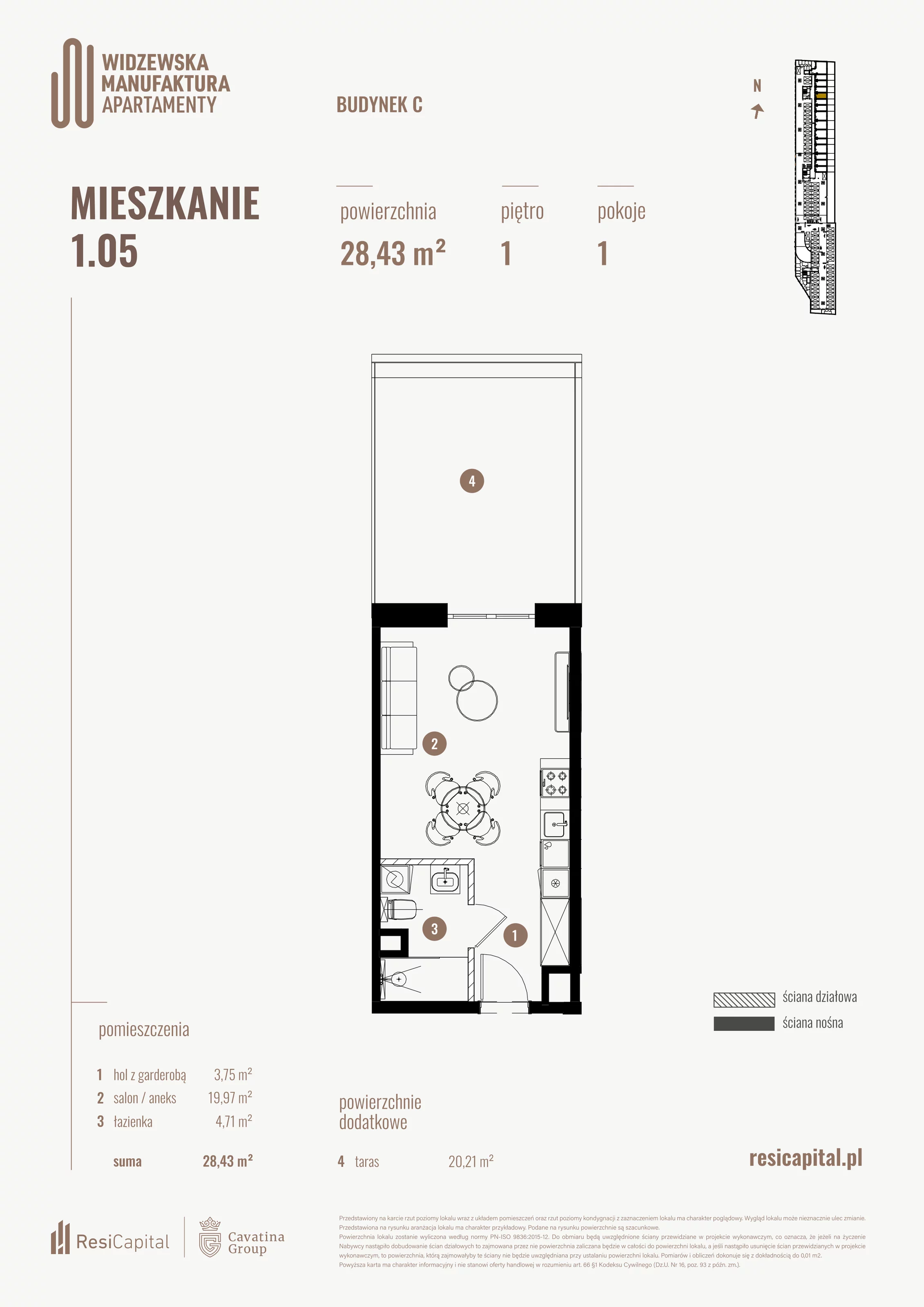 1 pokój, mieszkanie 28,43 m², piętro 1, oferta nr 1.05., Wima Apartments, Łódź, Widzew, al. Piłsudskiego 135