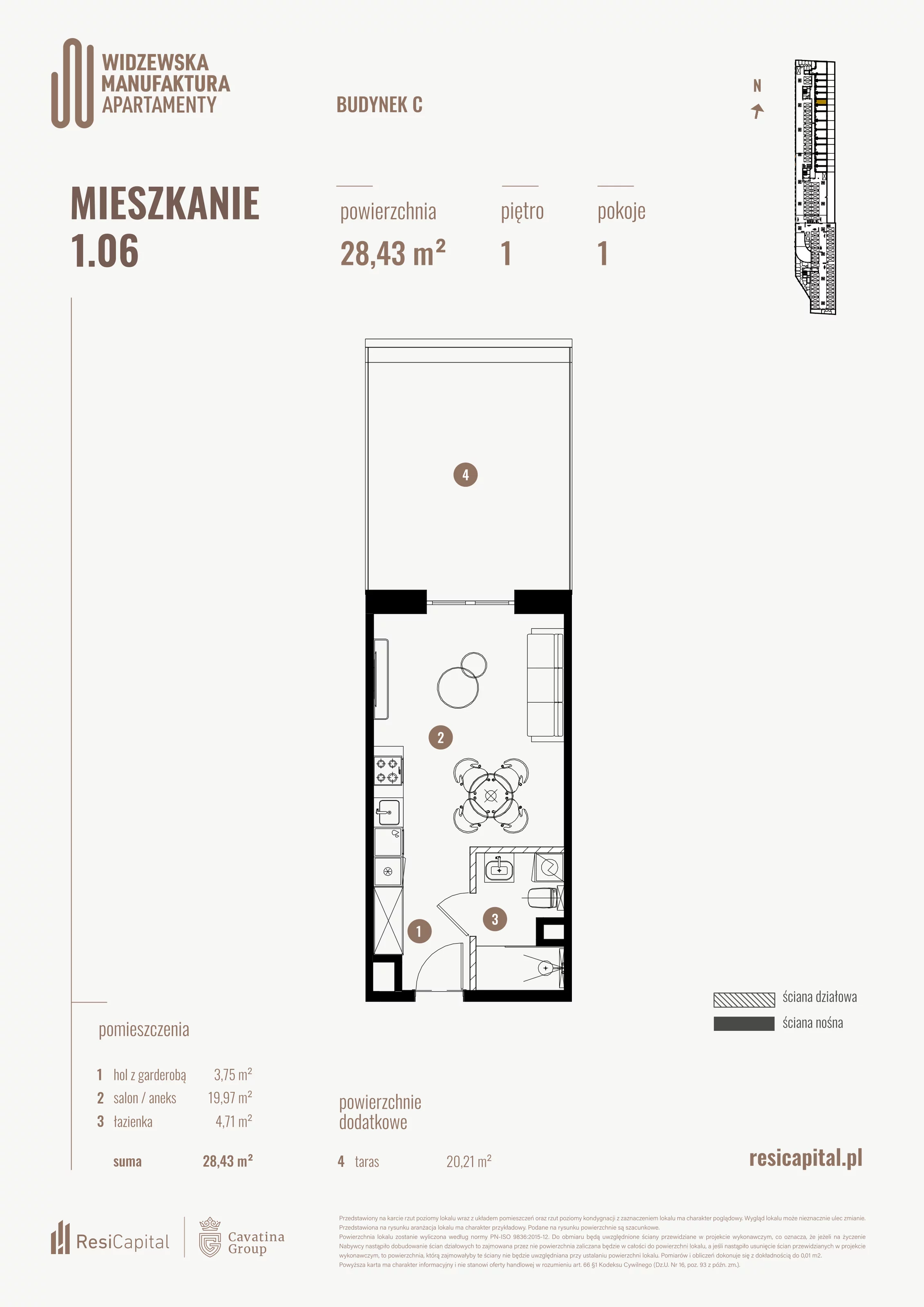 1 pokój, mieszkanie 28,43 m², piętro 1, oferta nr 1.06., Wima Apartments, Łódź, Widzew, al. Piłsudskiego 135