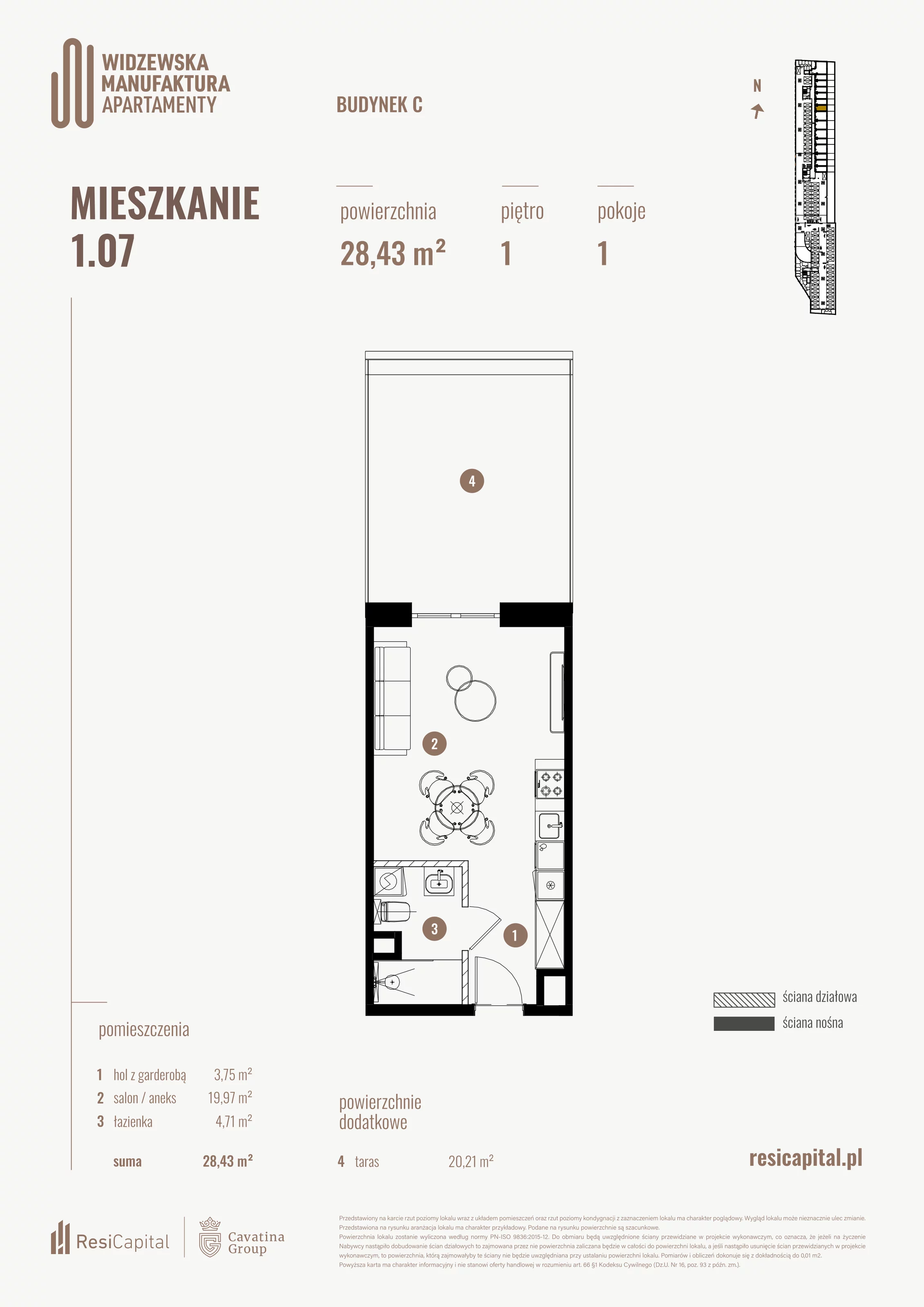 1 pokój, mieszkanie 28,43 m², piętro 1, oferta nr 1.07., Wima Apartments, Łódź, Widzew, al. Piłsudskiego 135