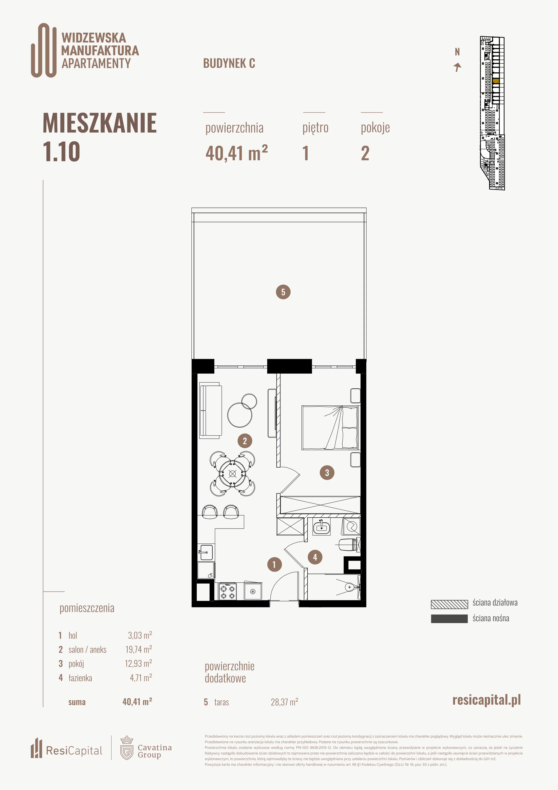 2 pokoje, mieszkanie 40,41 m², piętro 1, oferta nr 1.10., Wima Apartments, Łódź, Widzew, al. Piłsudskiego 135