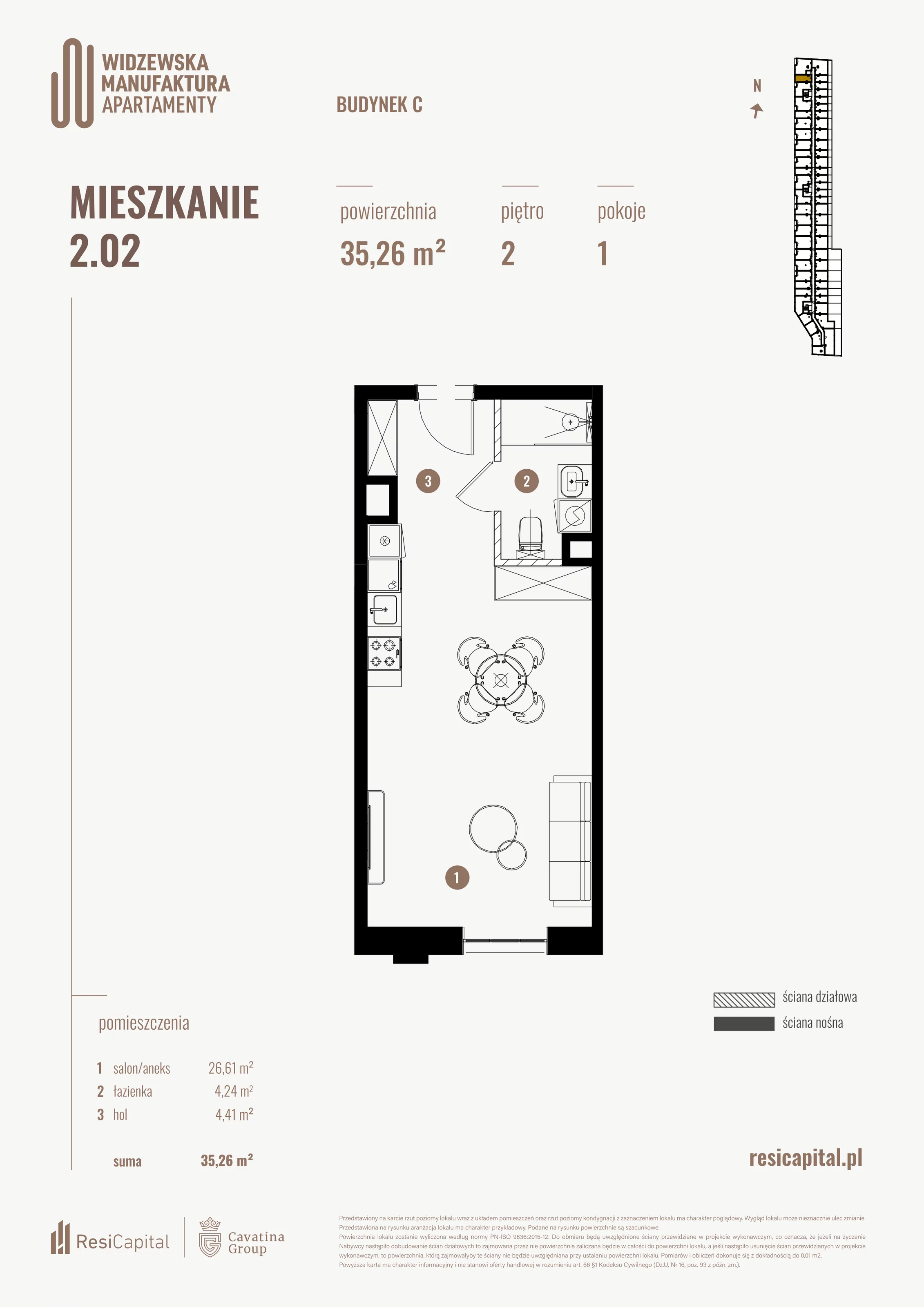 1 pokój, mieszkanie 35,26 m², piętro 2, oferta nr 2.02., Wima Apartments, Łódź, Widzew, al. Piłsudskiego 135