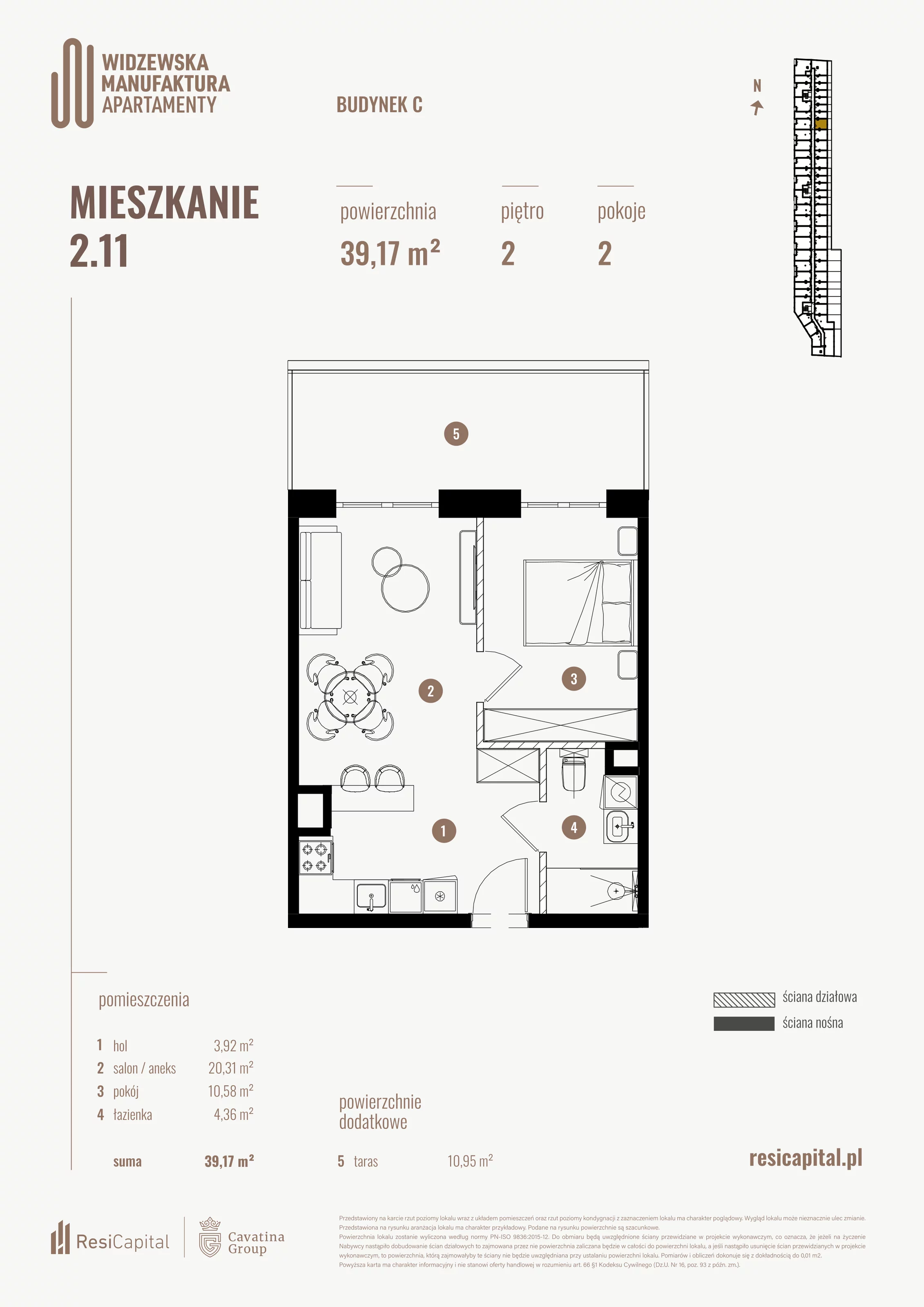 2 pokoje, mieszkanie 39,17 m², piętro 2, oferta nr 2.11., Wima Apartments, Łódź, Widzew, al. Piłsudskiego 135