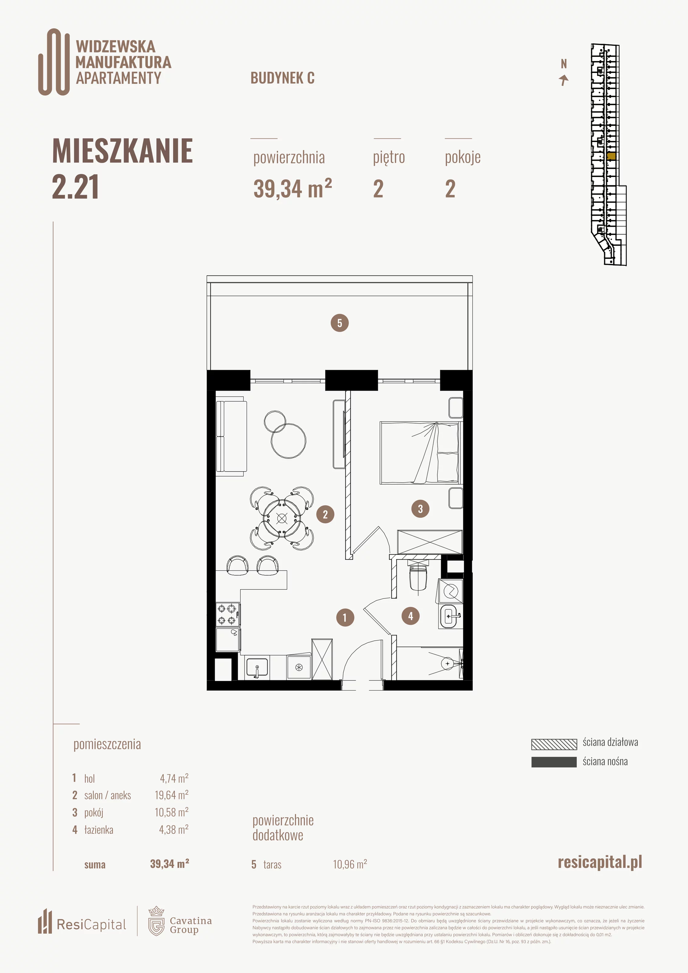 2 pokoje, mieszkanie 39,34 m², piętro 2, oferta nr 2.21., Wima Apartments, Łódź, Widzew, al. Piłsudskiego 135