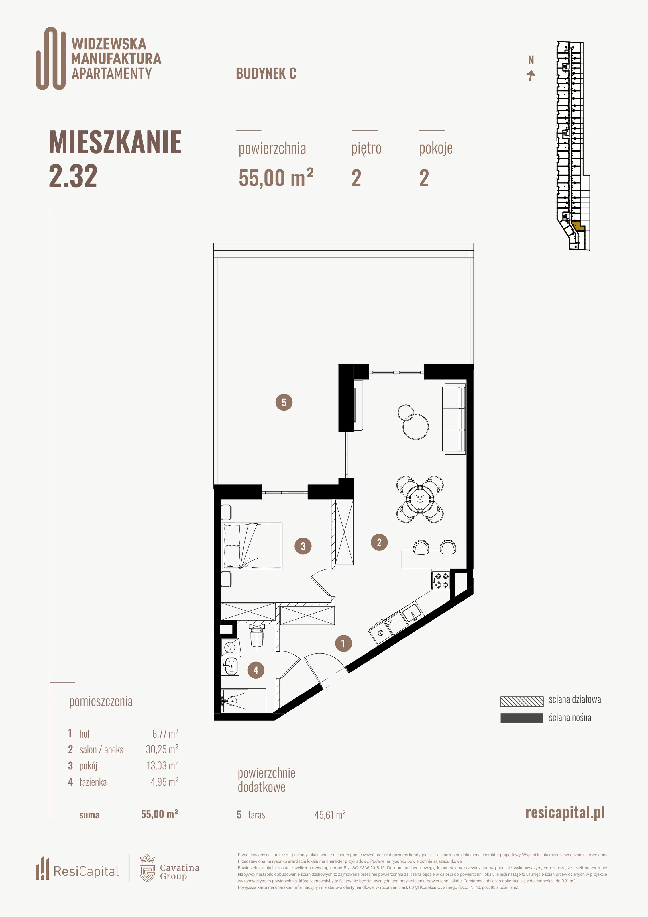 2 pokoje, mieszkanie 55,00 m², piętro 2, oferta nr 2.32., Wima Apartments, Łódź, Widzew, al. Piłsudskiego 135