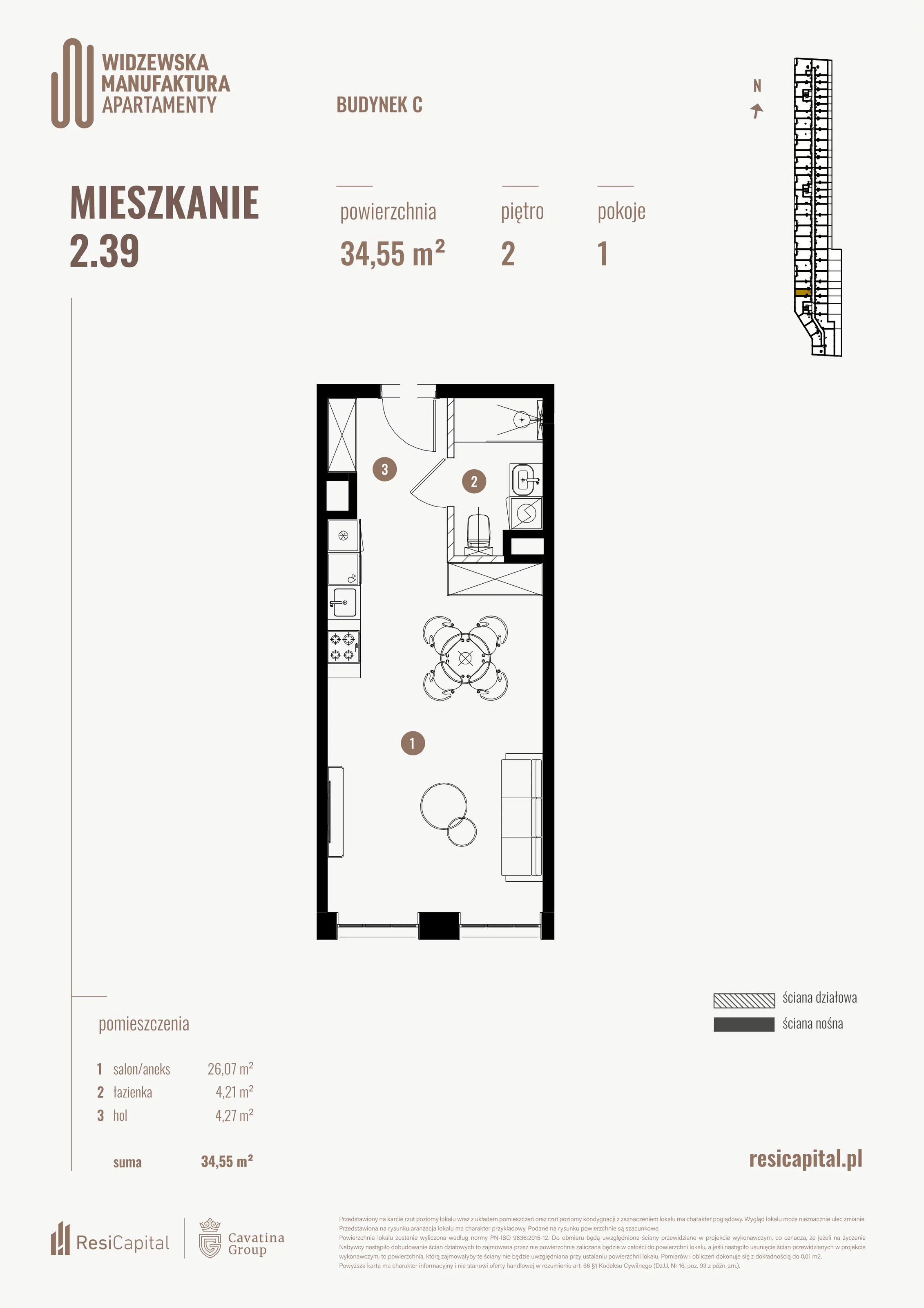 1 pokój, mieszkanie 34,55 m², piętro 2, oferta nr 2.39., Wima Apartments, Łódź, Widzew, al. Piłsudskiego 135