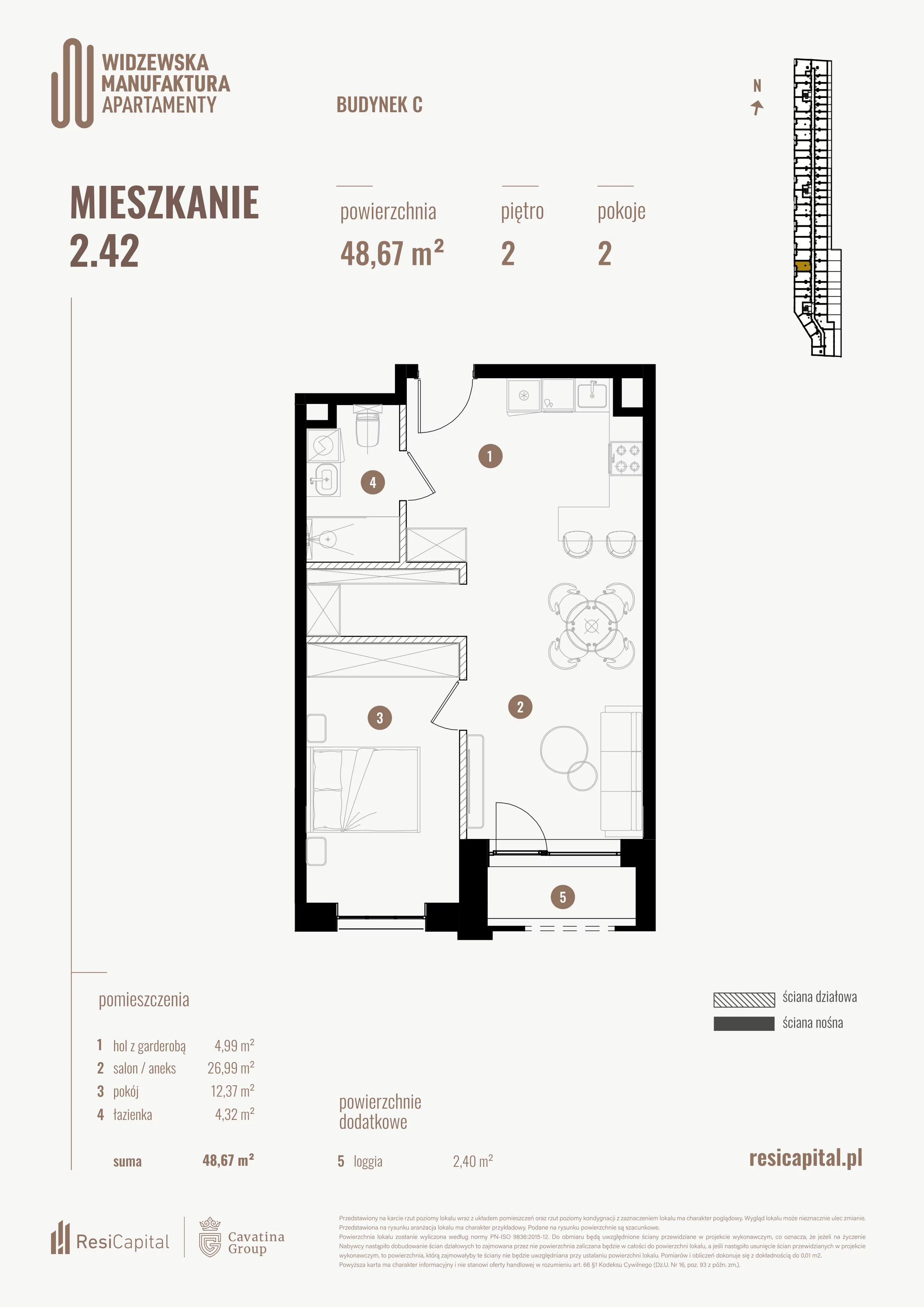 2 pokoje, mieszkanie 48,67 m², piętro 2, oferta nr 2.42., Wima Apartments, Łódź, Widzew, al. Piłsudskiego 135