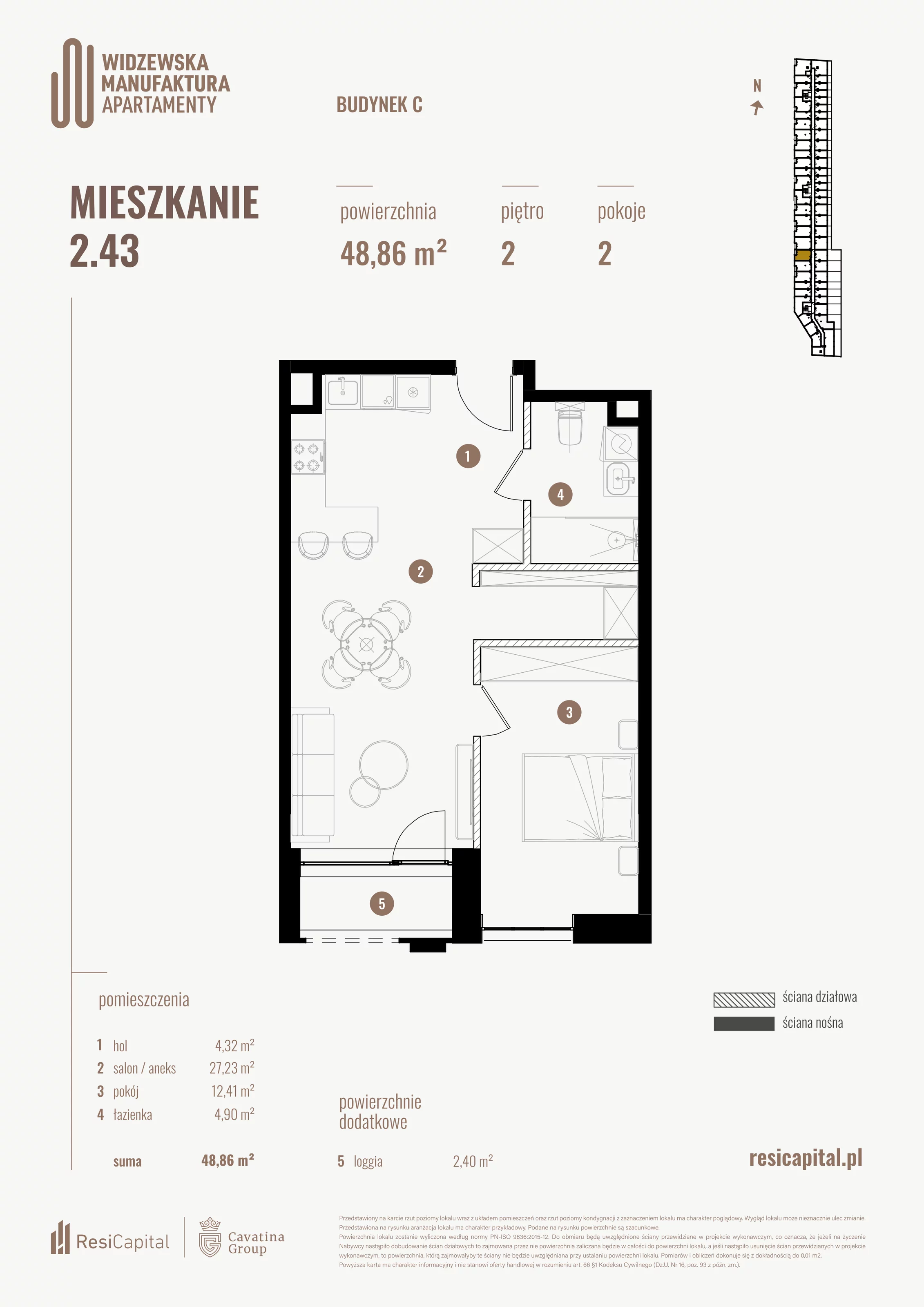 2 pokoje, mieszkanie 48,86 m², piętro 2, oferta nr 2.43., Wima Apartments, Łódź, Widzew, al. Piłsudskiego 135
