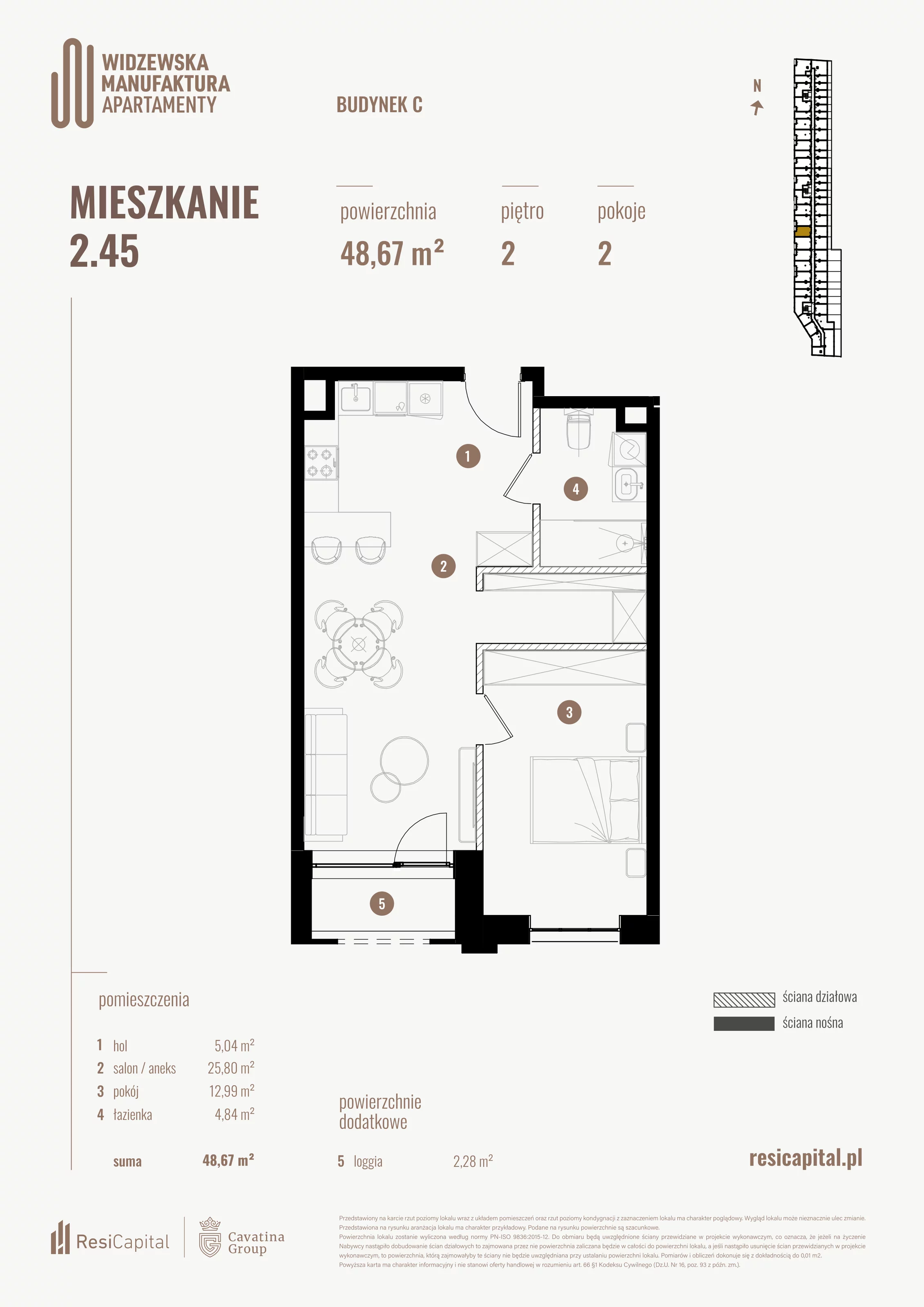 2 pokoje, mieszkanie 48,67 m², piętro 2, oferta nr 2.45., Wima Apartments, Łódź, Widzew, al. Piłsudskiego 135