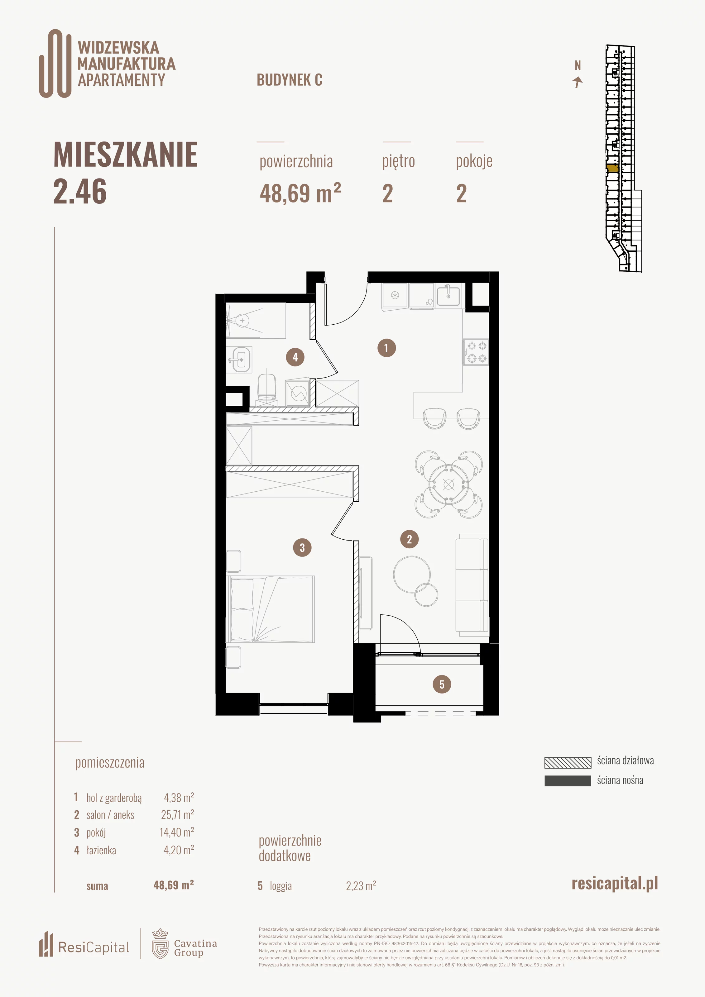2 pokoje, mieszkanie 48,69 m², piętro 2, oferta nr 2.46., Wima Apartments, Łódź, Widzew, al. Piłsudskiego 135
