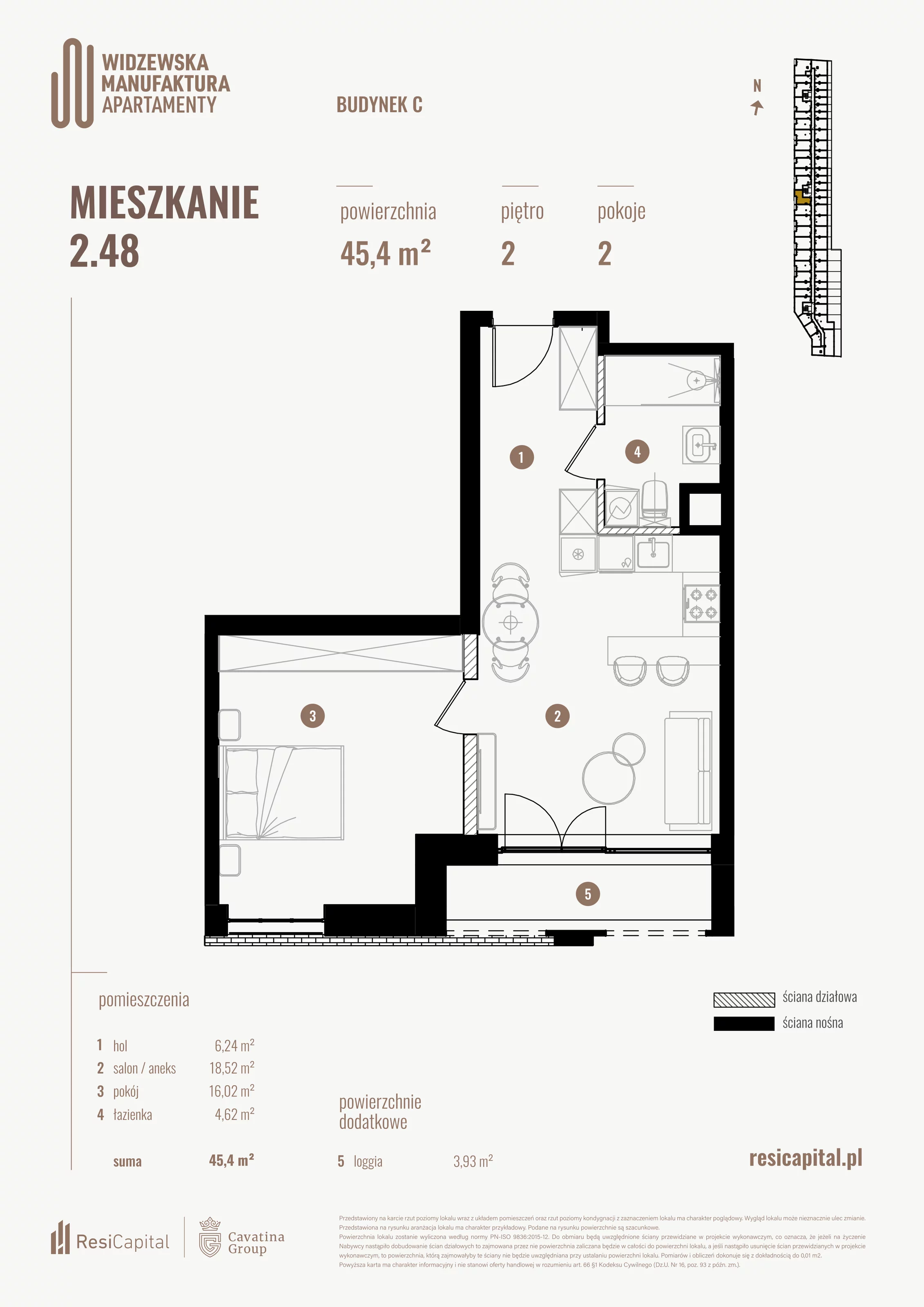 2 pokoje, mieszkanie 45,40 m², piętro 2, oferta nr 2.48., Wima Apartments, Łódź, Widzew, al. Piłsudskiego 135