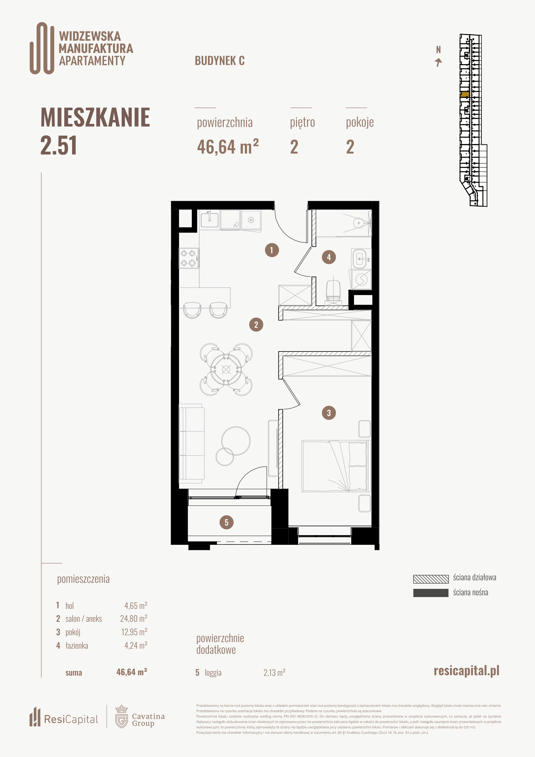 2 pokoje, mieszkanie 46,64 m², piętro 2, oferta nr 2.51., Wima Apartments, Łódź, Widzew, al. Piłsudskiego 135