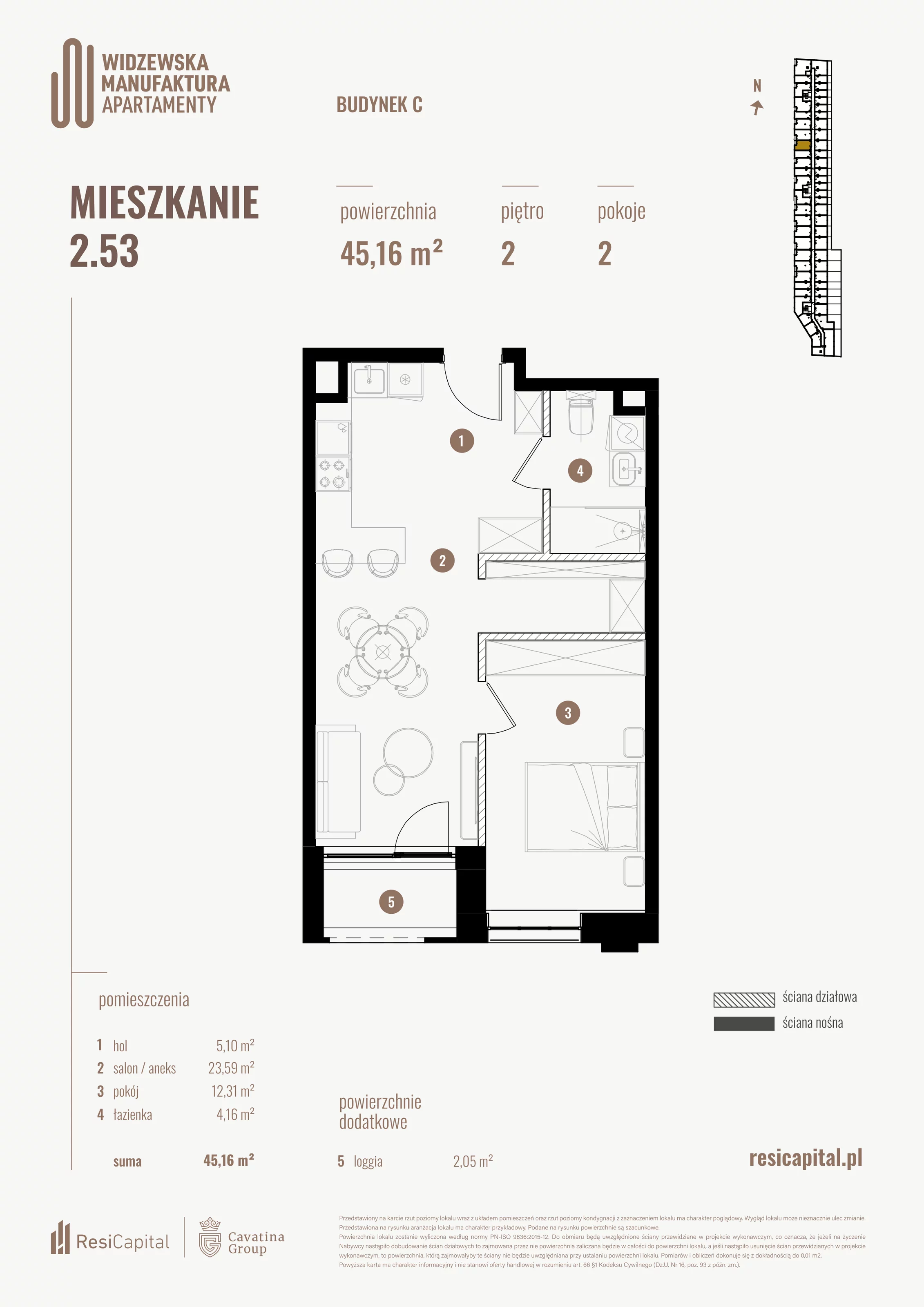 2 pokoje, mieszkanie 45,16 m², piętro 2, oferta nr 2.53., Wima Apartments, Łódź, Widzew, al. Piłsudskiego 135