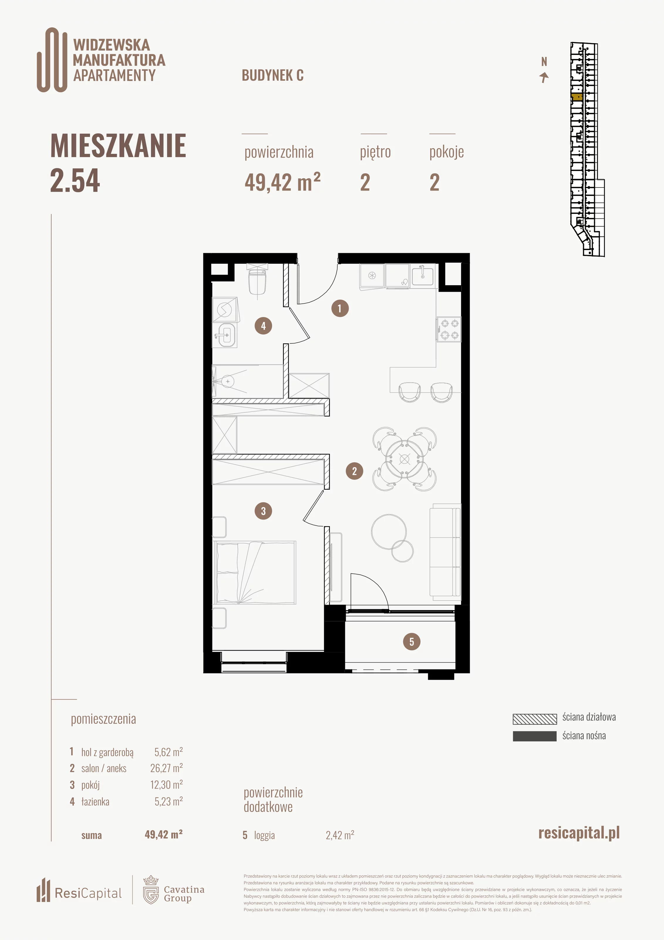 2 pokoje, mieszkanie 49,42 m², piętro 2, oferta nr 2.54., Wima Apartments, Łódź, Widzew, al. Piłsudskiego 135