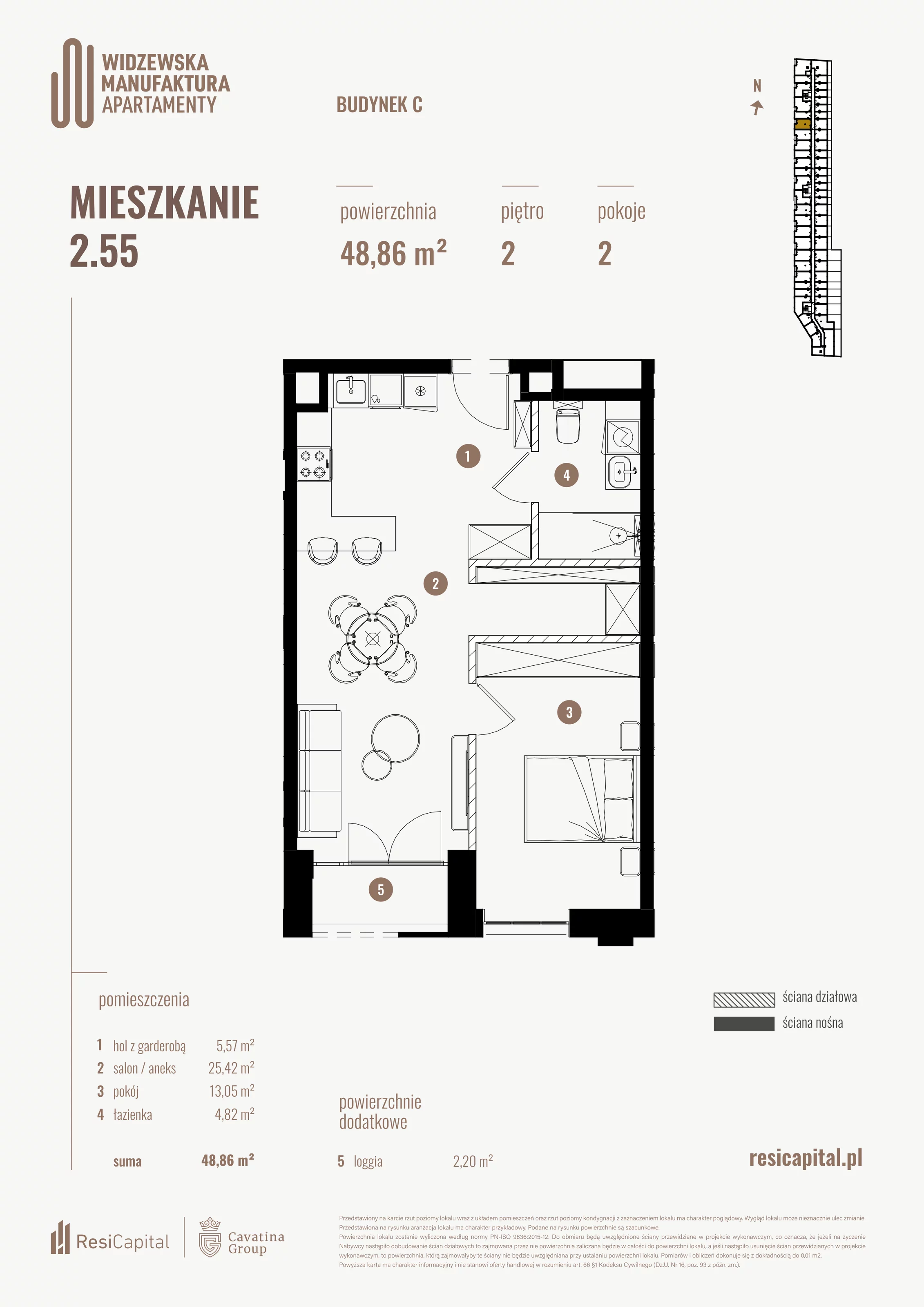 2 pokoje, mieszkanie 48,86 m², piętro 2, oferta nr 2.55., Wima Apartments, Łódź, Widzew, al. Piłsudskiego 135
